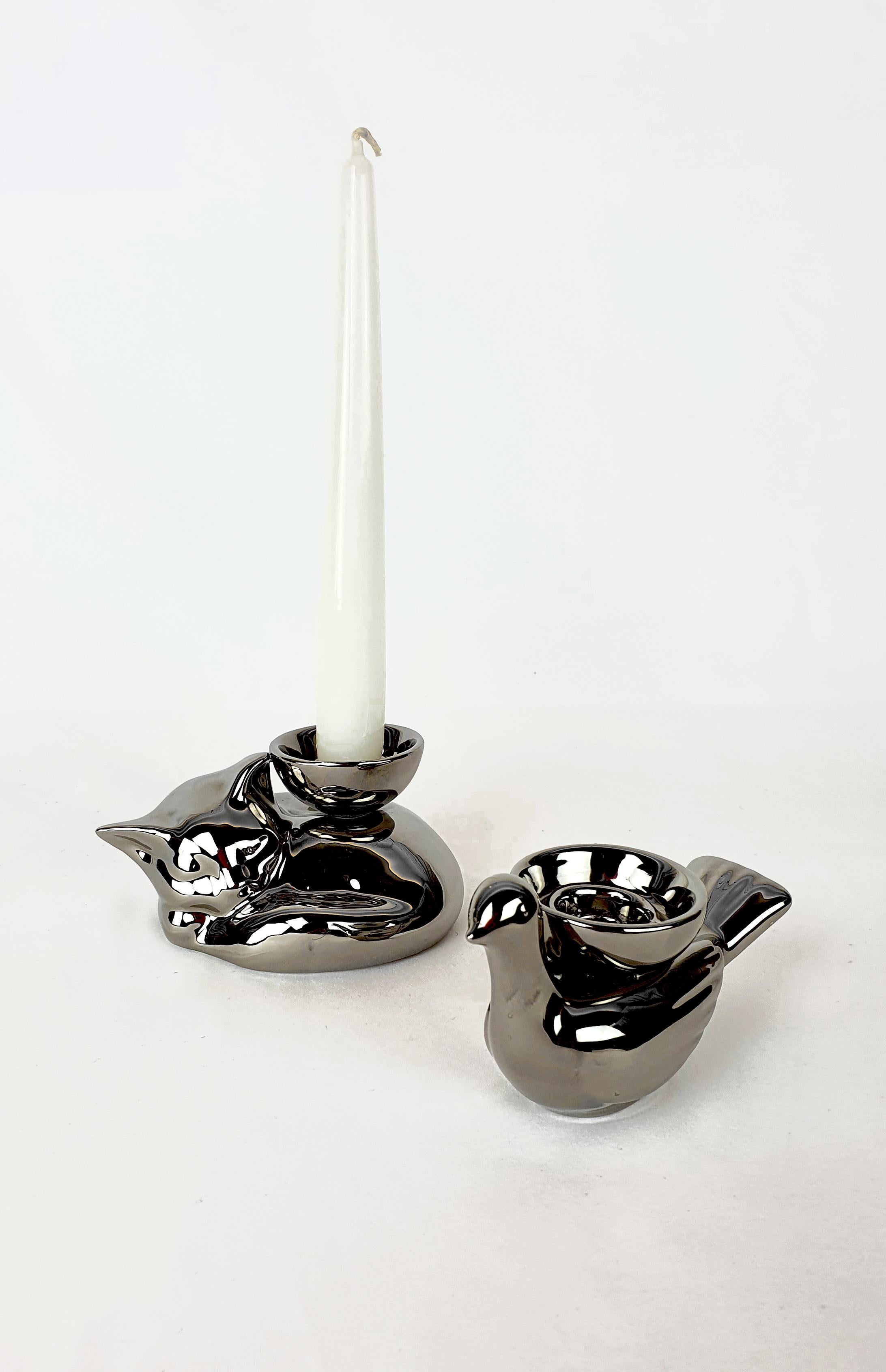 Contemporary Modern Ceramica Gatti 1928 Ceramic Little Platinum Dove Candle Holder For Sale