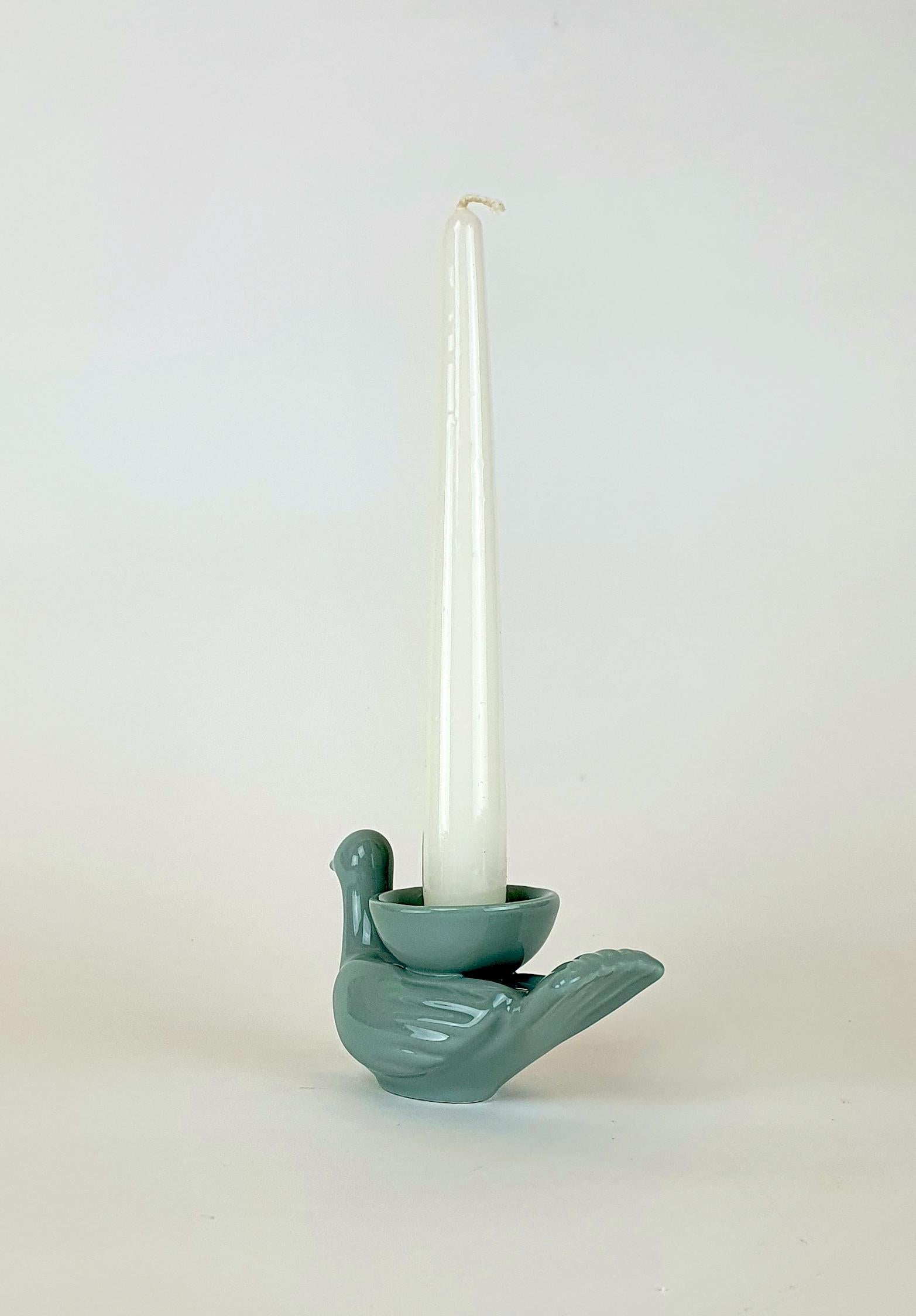 Arts and Crafts Modern Ceramica Gatti 1928 Ceramic Little Powder Blue Dove Candle Holder For Sale