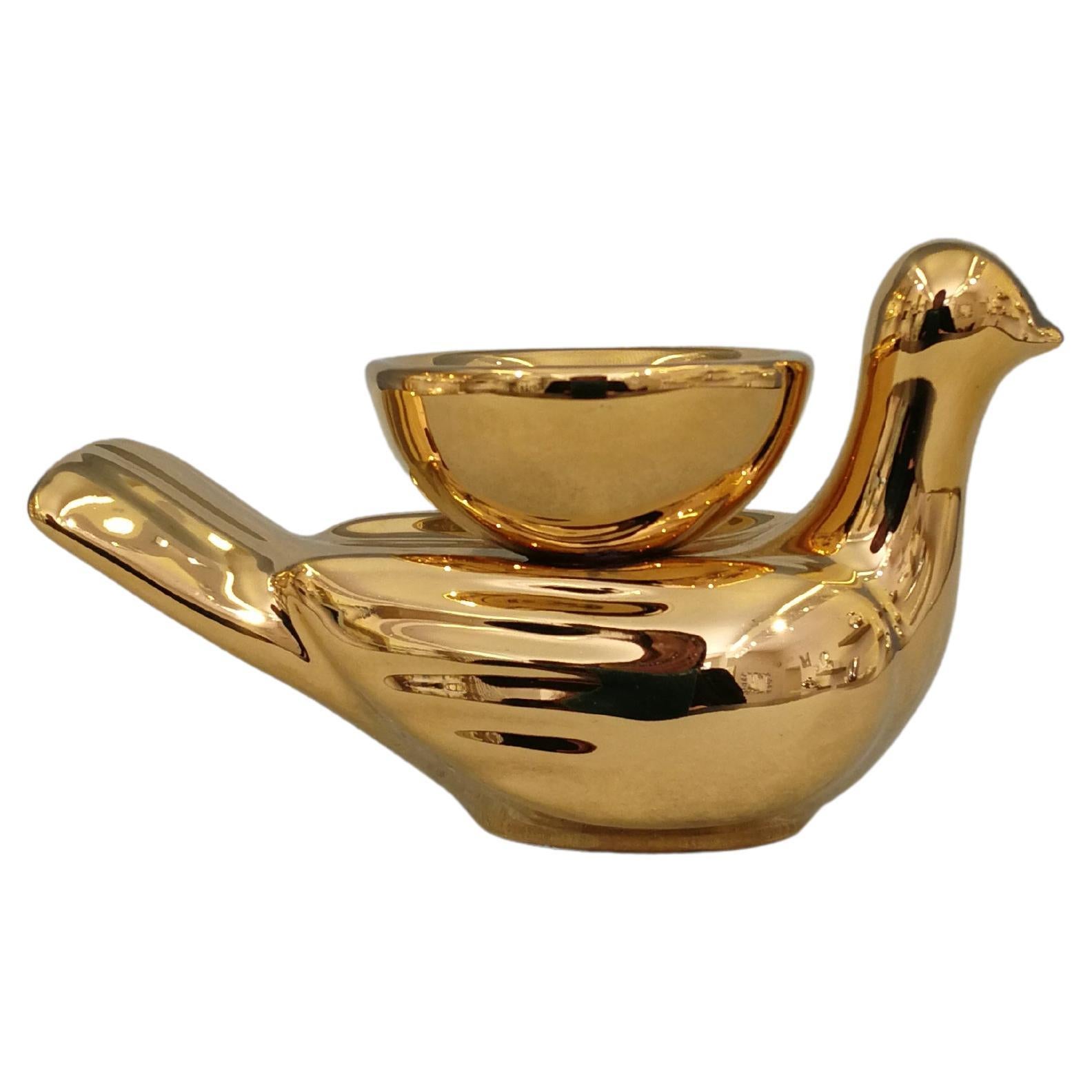 Modern Ceramica Gatti 1928 Ceramic Little Pure Gold Dove Candle Holder For Sale