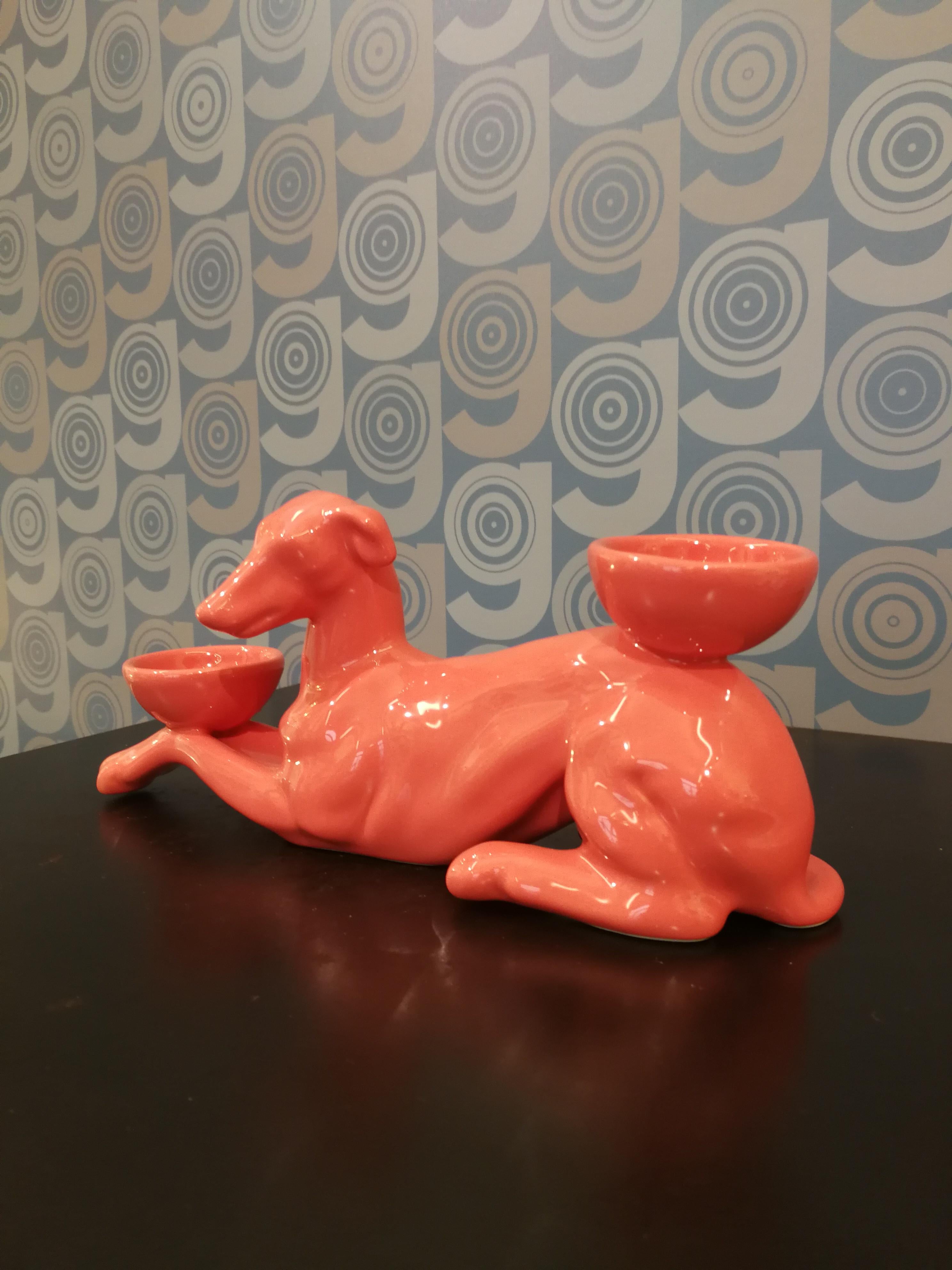 Italian Modern Ceramica Gatti 1928 Ceramic Orange Rose Greyhound Candle Holder  For Sale