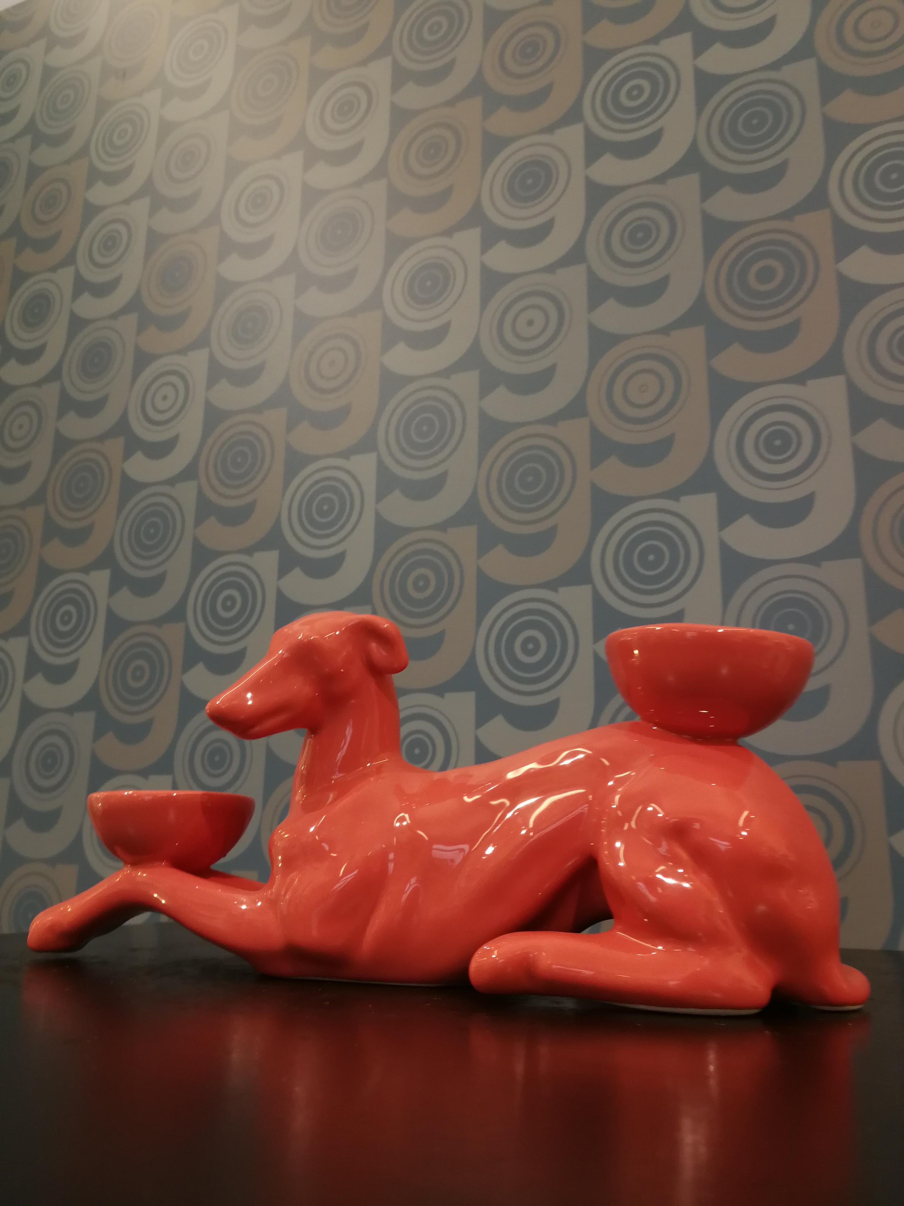 Contemporary Modern Ceramica Gatti 1928 Ceramic Orange Rose Greyhound Candle Holder  For Sale