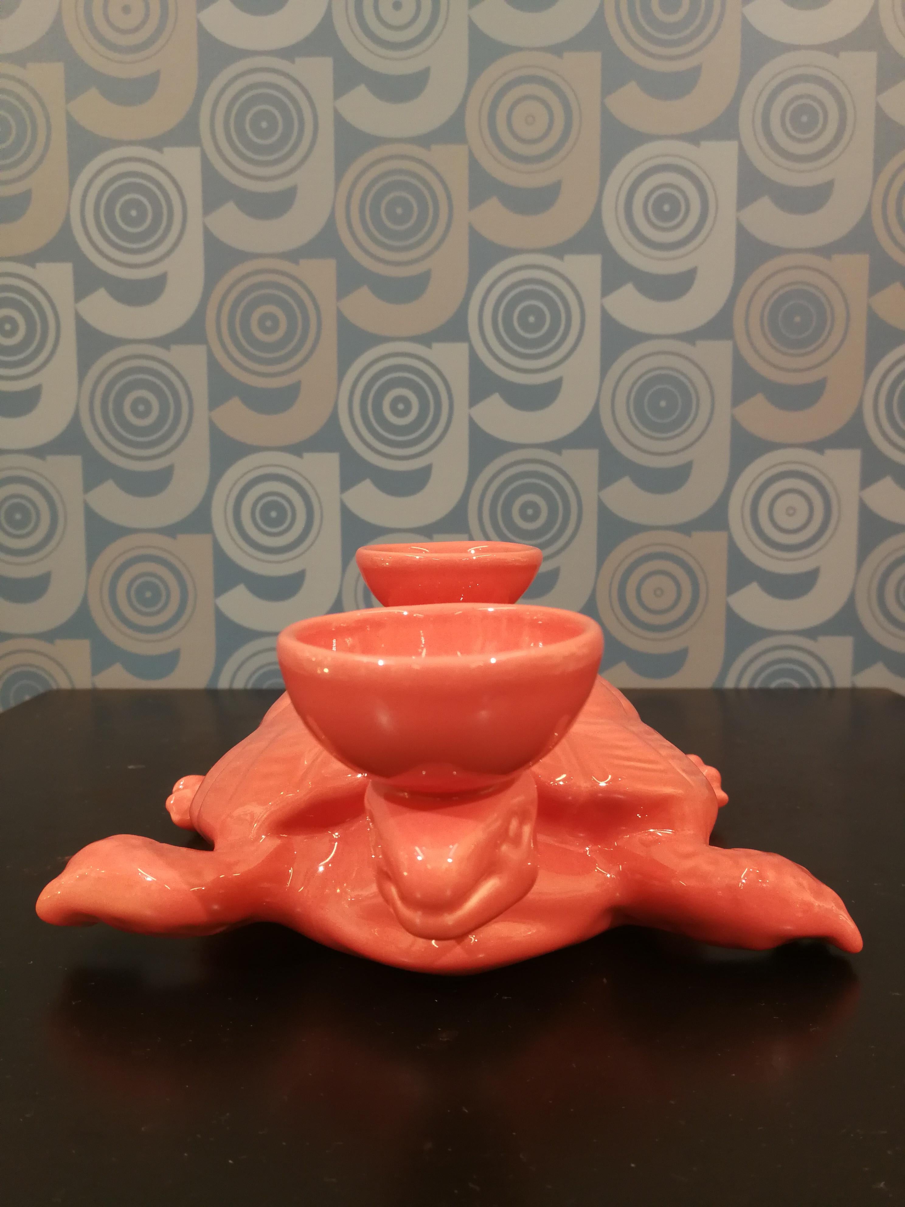 Italian Modern Ceramica Gatti 1928 Ceramic Orange Rose Turtle Candle Holder For Sale
