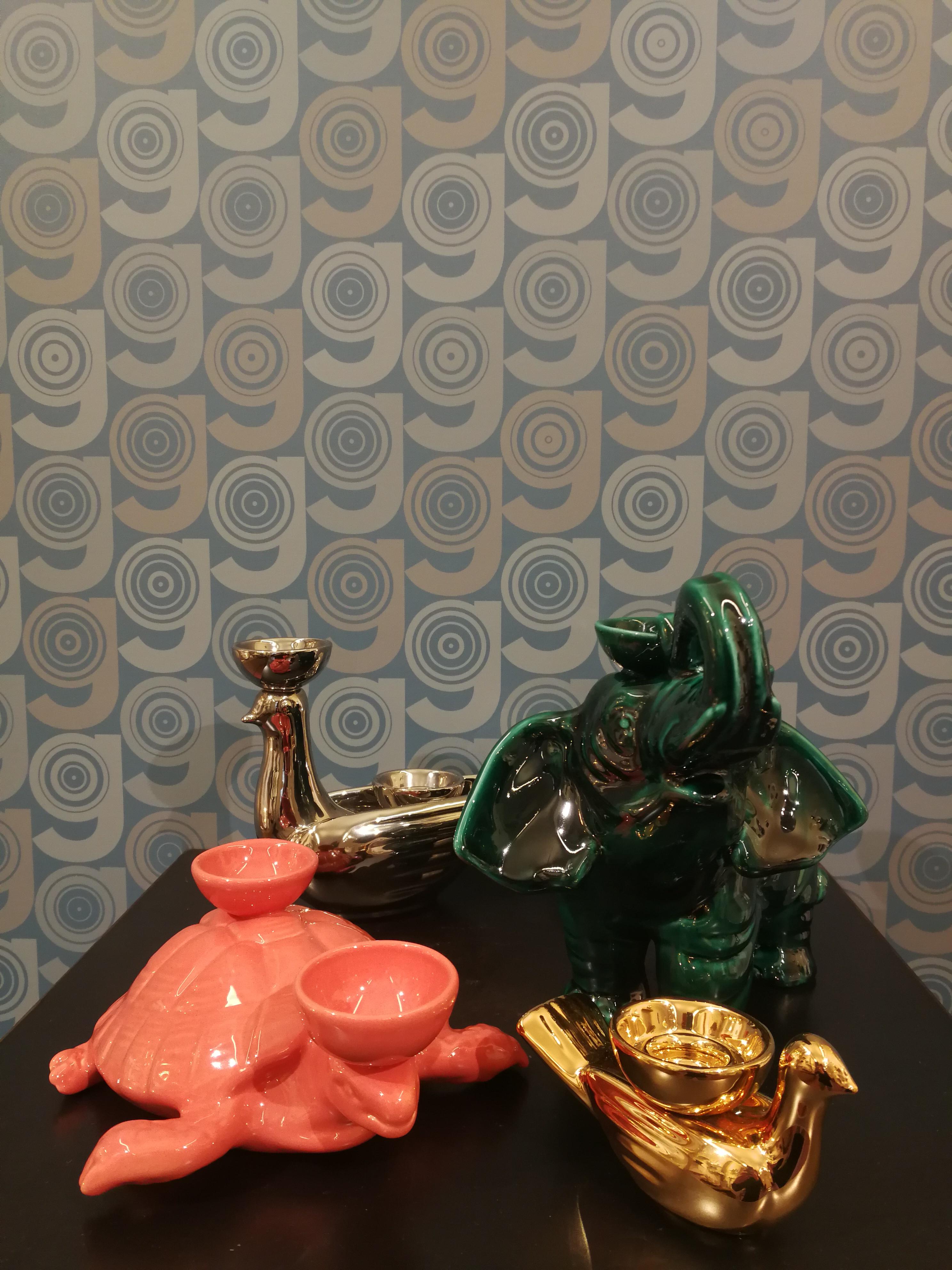 Enameled Modern Ceramica Gatti 1928 Ceramic Orange Rose Turtle Candle Holder For Sale