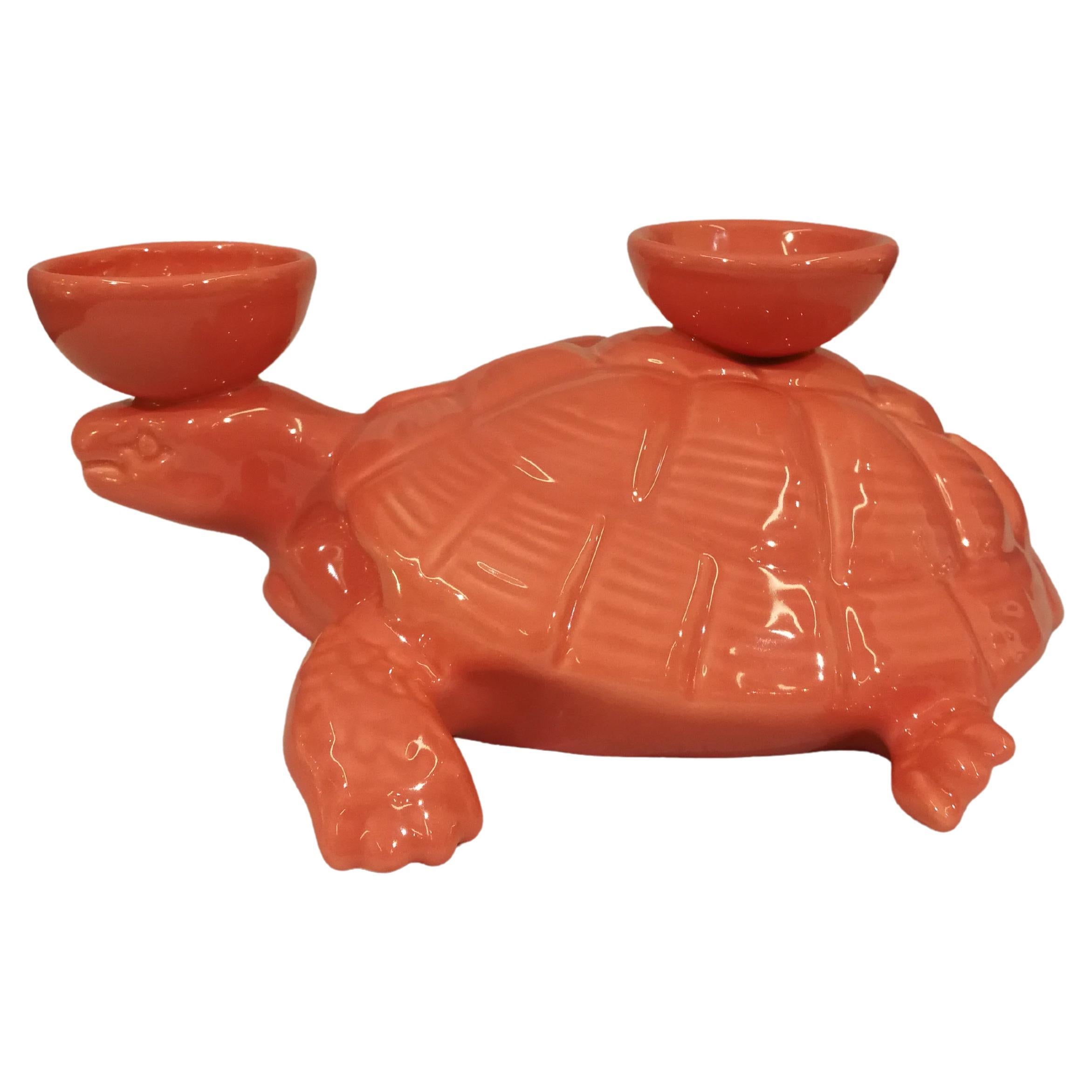 Modern Ceramica Gatti 1928 Ceramic Orange Rose Turtle Candle Holder For Sale