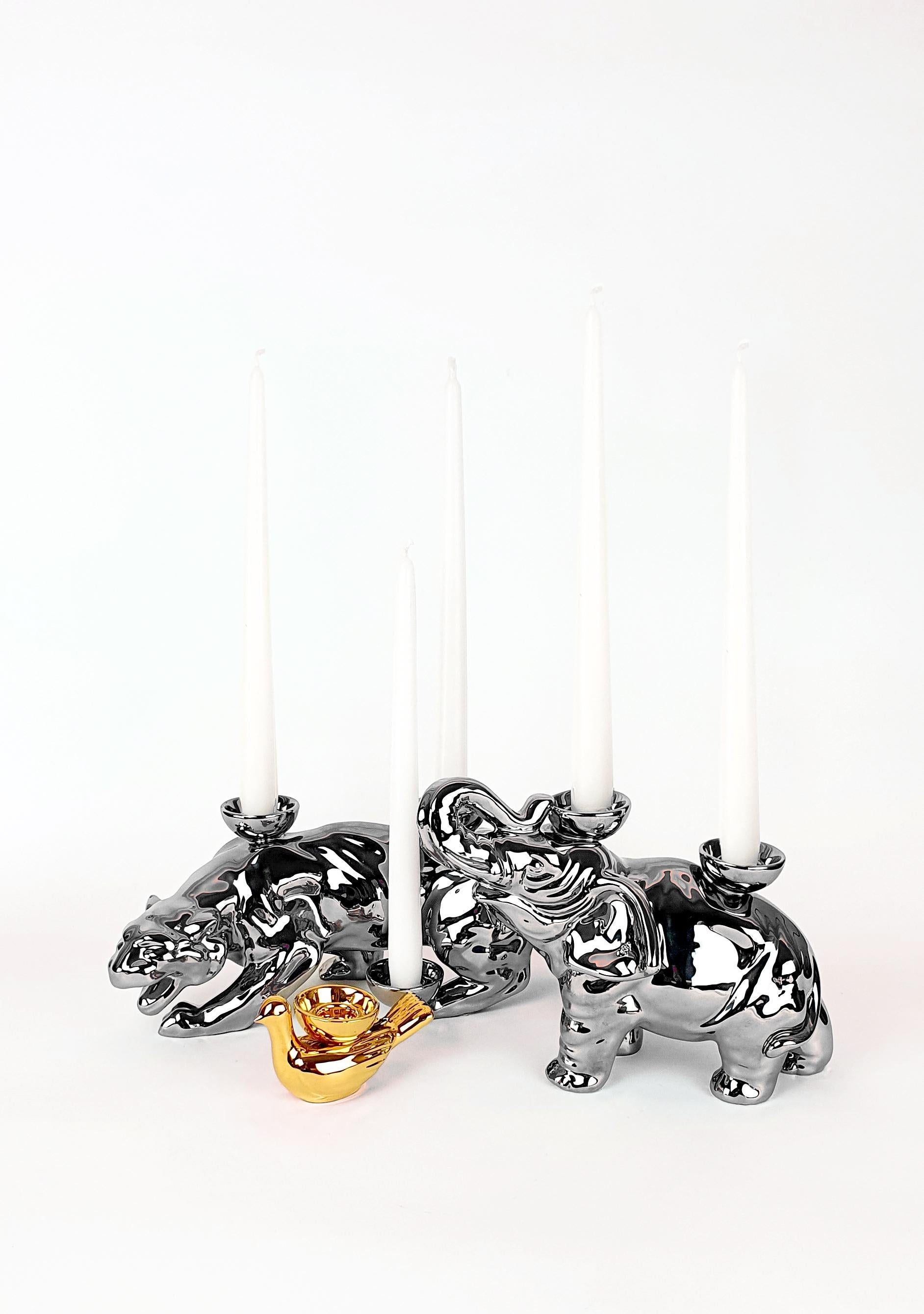 Italian Modern Ceramica Gatti 1928 Ceramic Platinum Elephant Candle Holder For Sale