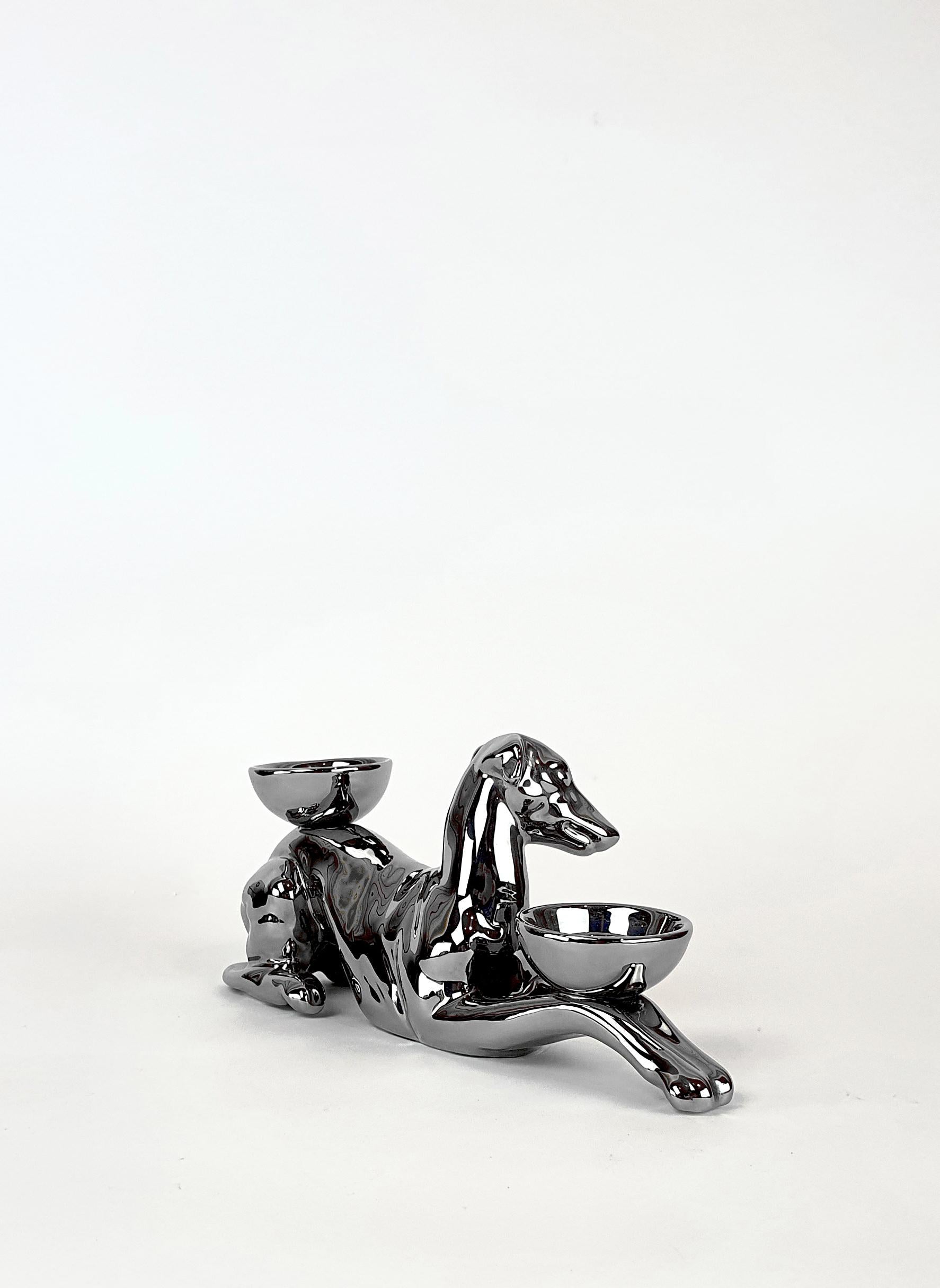 Modern Ceramica Gatti 1928 Ceramic Platinum Greyhound Candle Holder For Sale 3