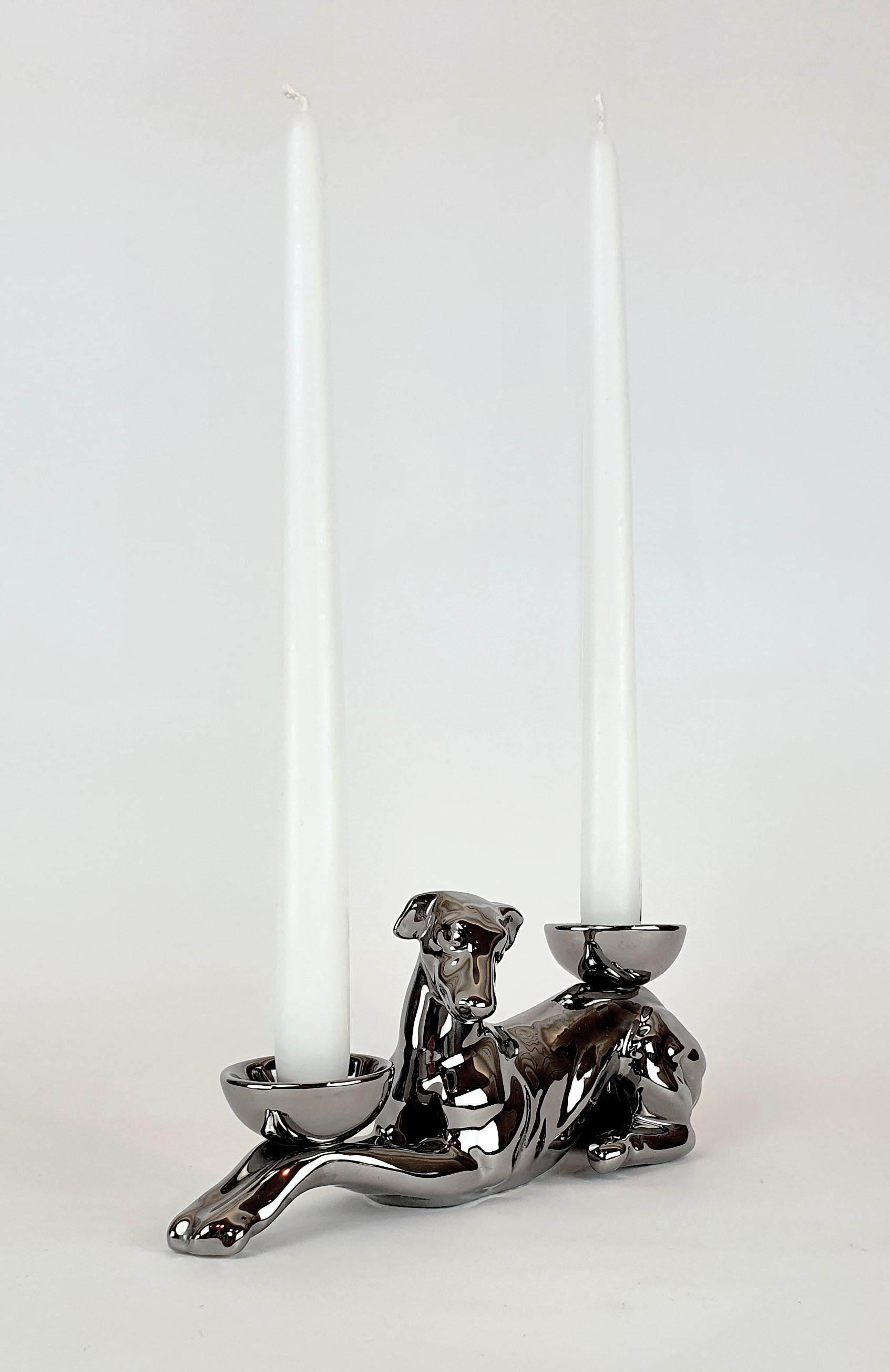 Modern Ceramica Gatti 1928 Ceramic Platinum Greyhound Candle Holder For Sale 4