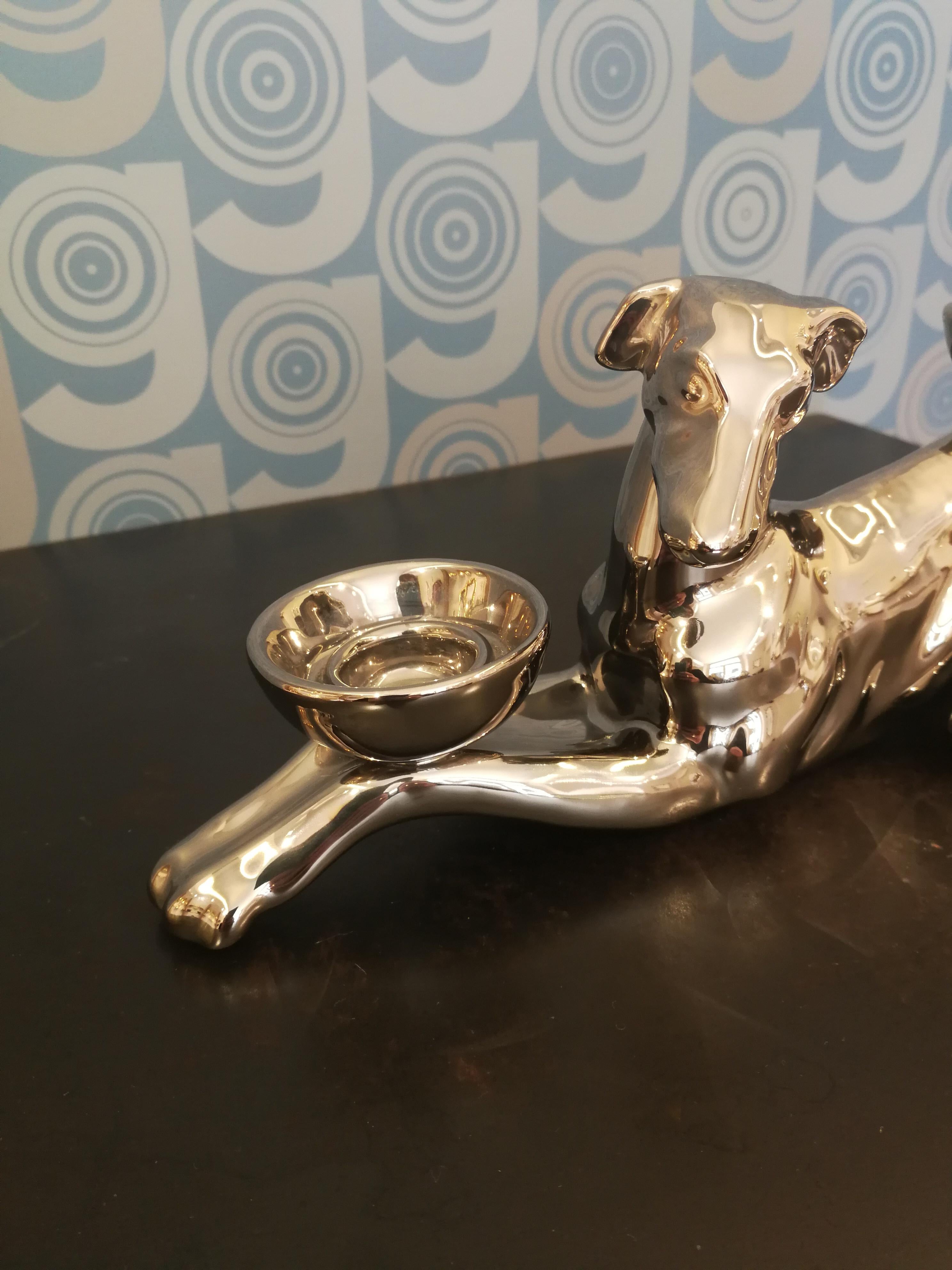 Enameled Modern Ceramica Gatti 1928 Ceramic Platinum Greyhound Candle Holder For Sale