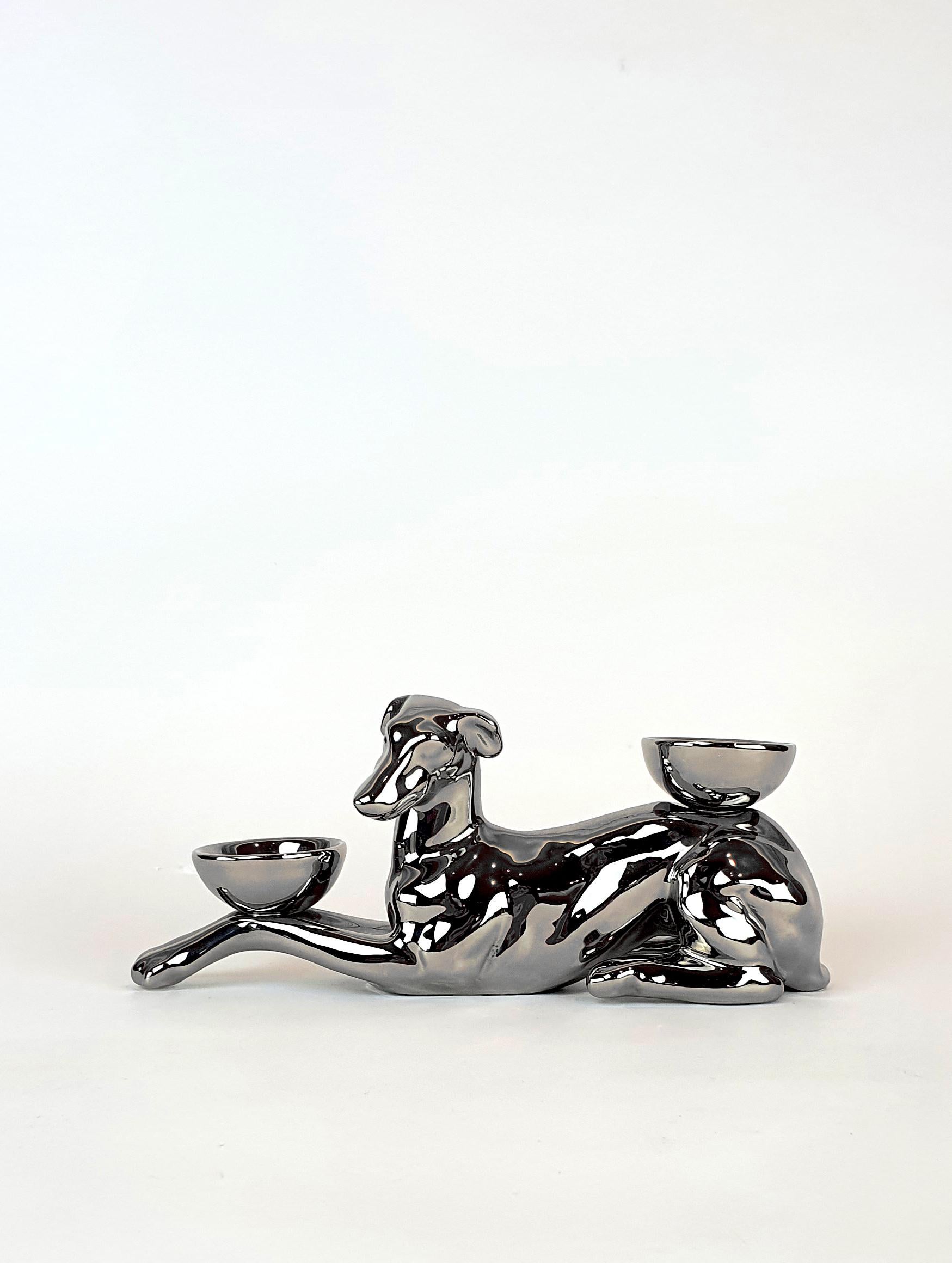 Modern Ceramica Gatti 1928 Ceramic Platinum Greyhound Candle Holder For Sale 2