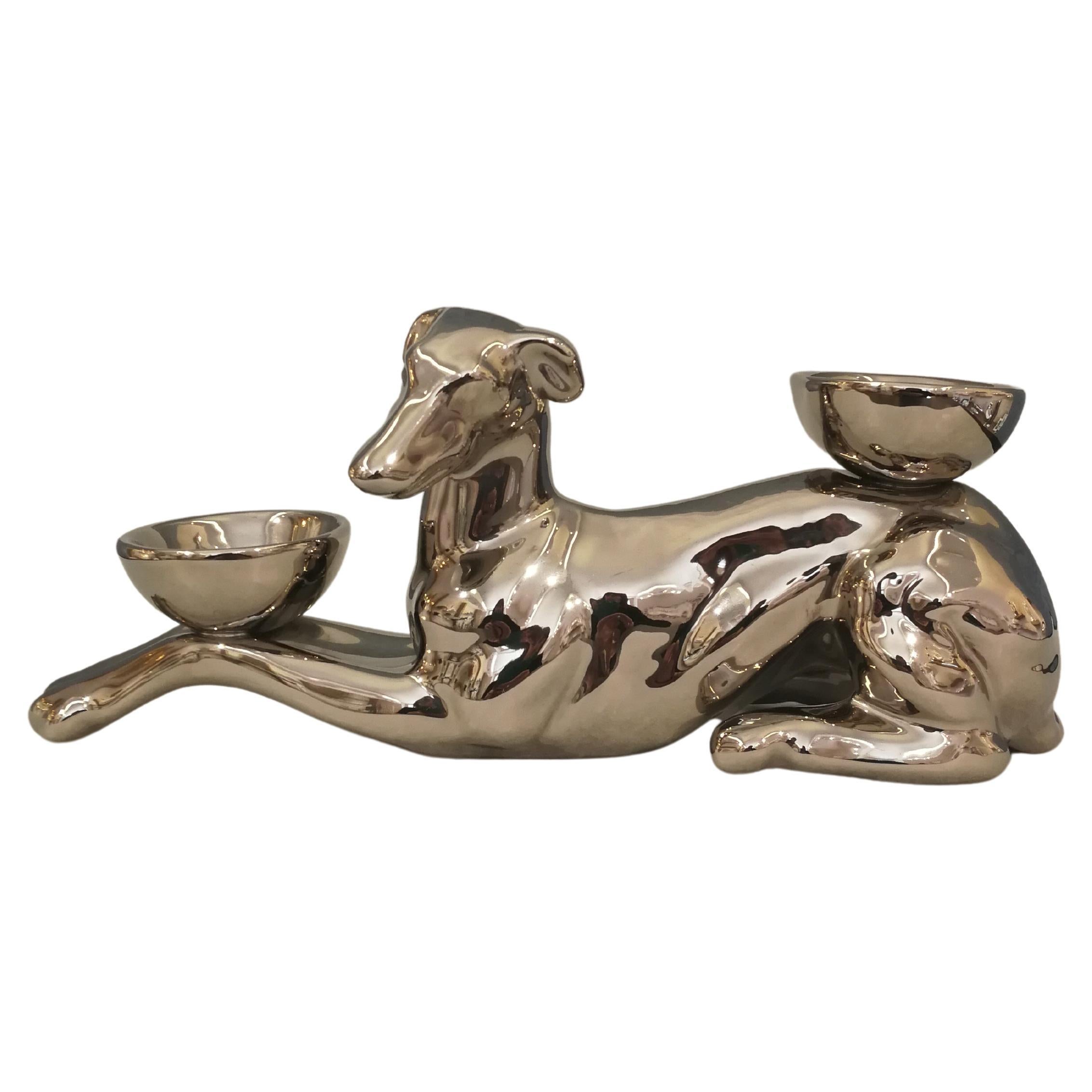 Modern Ceramica Gatti 1928 Ceramic Platinum Greyhound Candle Holder For Sale