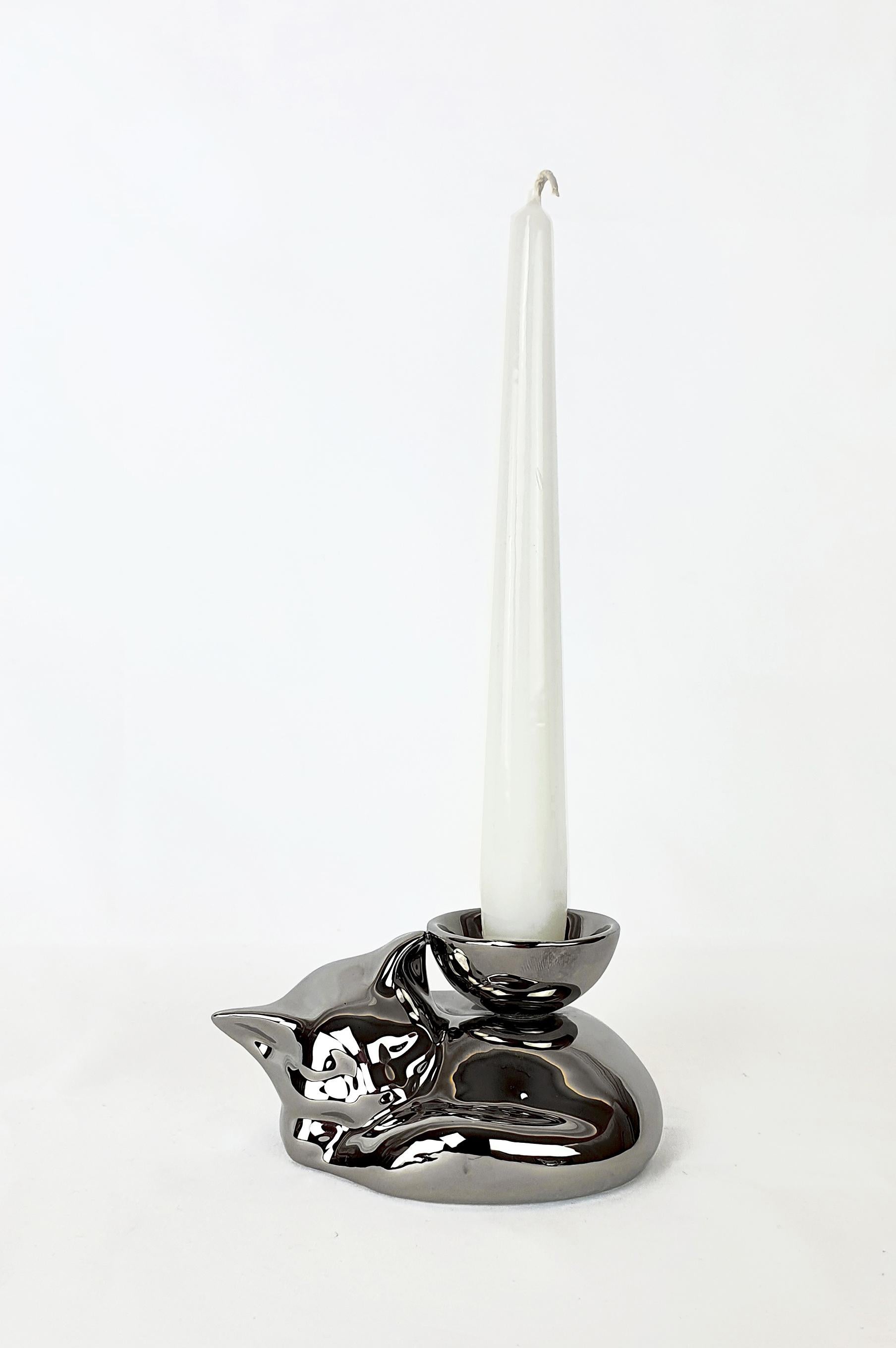 Arts and Crafts Modern Ceramica Gatti 1928 Ceramic Platinum Kitten Candle Holder For Sale