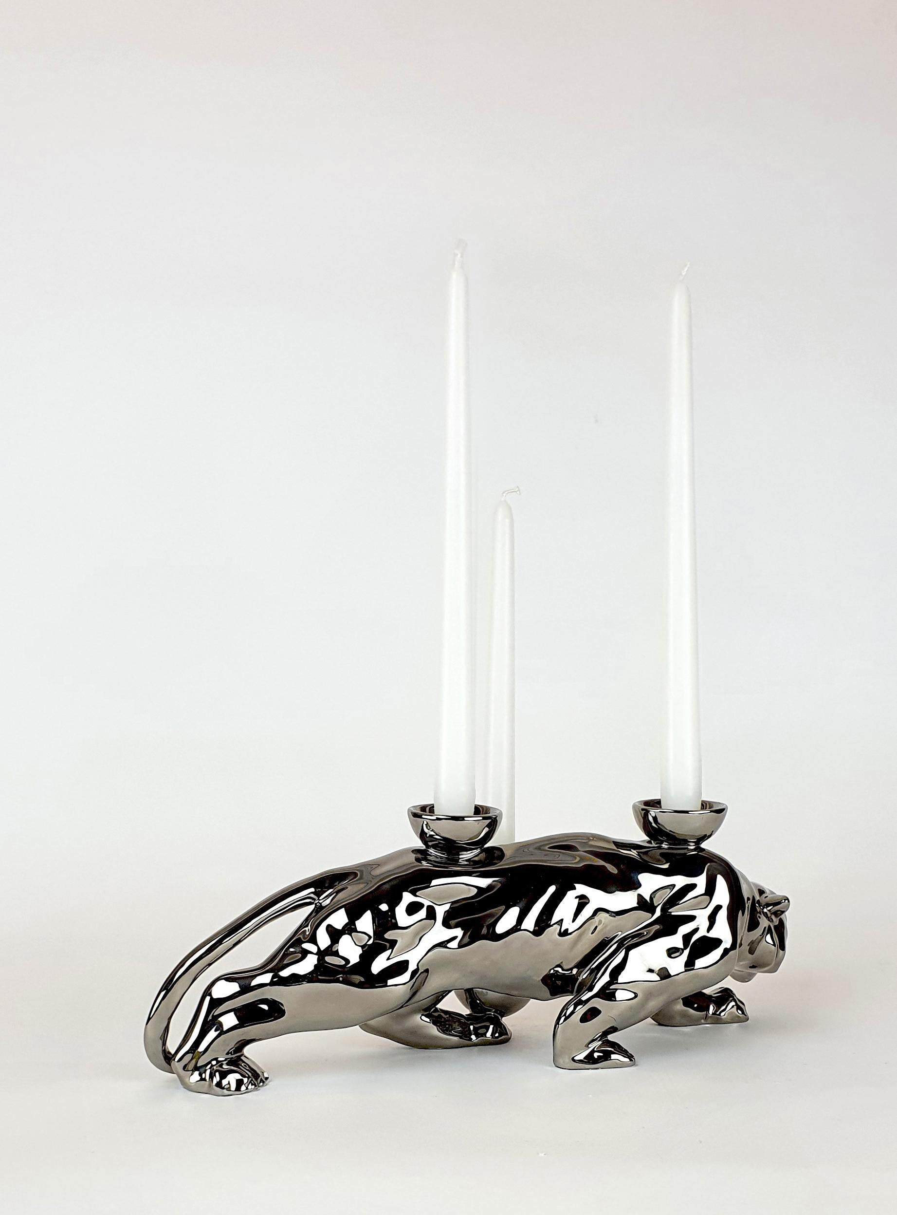 Modern Ceramica Gatti 1928 Ceramic Platinum Panther Candle Holder For Sale 4
