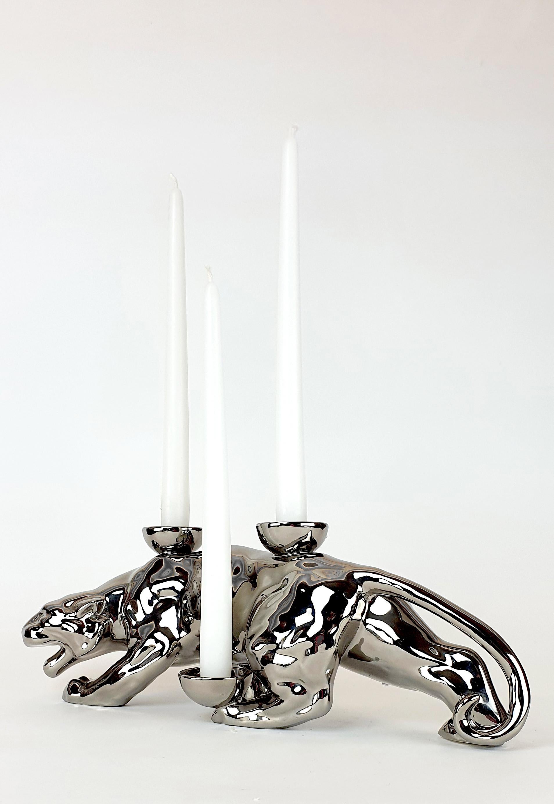 Modern Ceramica Gatti 1928 Ceramic Platinum Panther Candle Holder For Sale 2