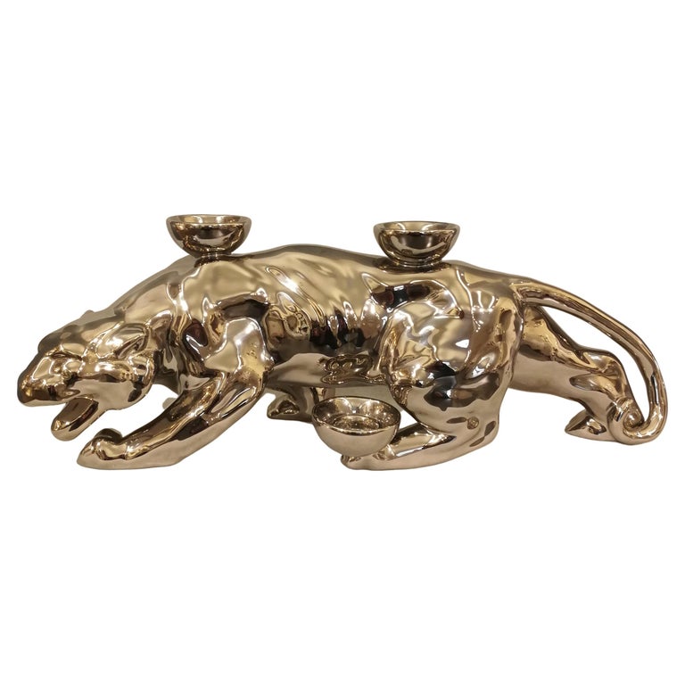 Modern Ceramica Gatti 1928 Ceramic Platinum Panther Candle Holder For