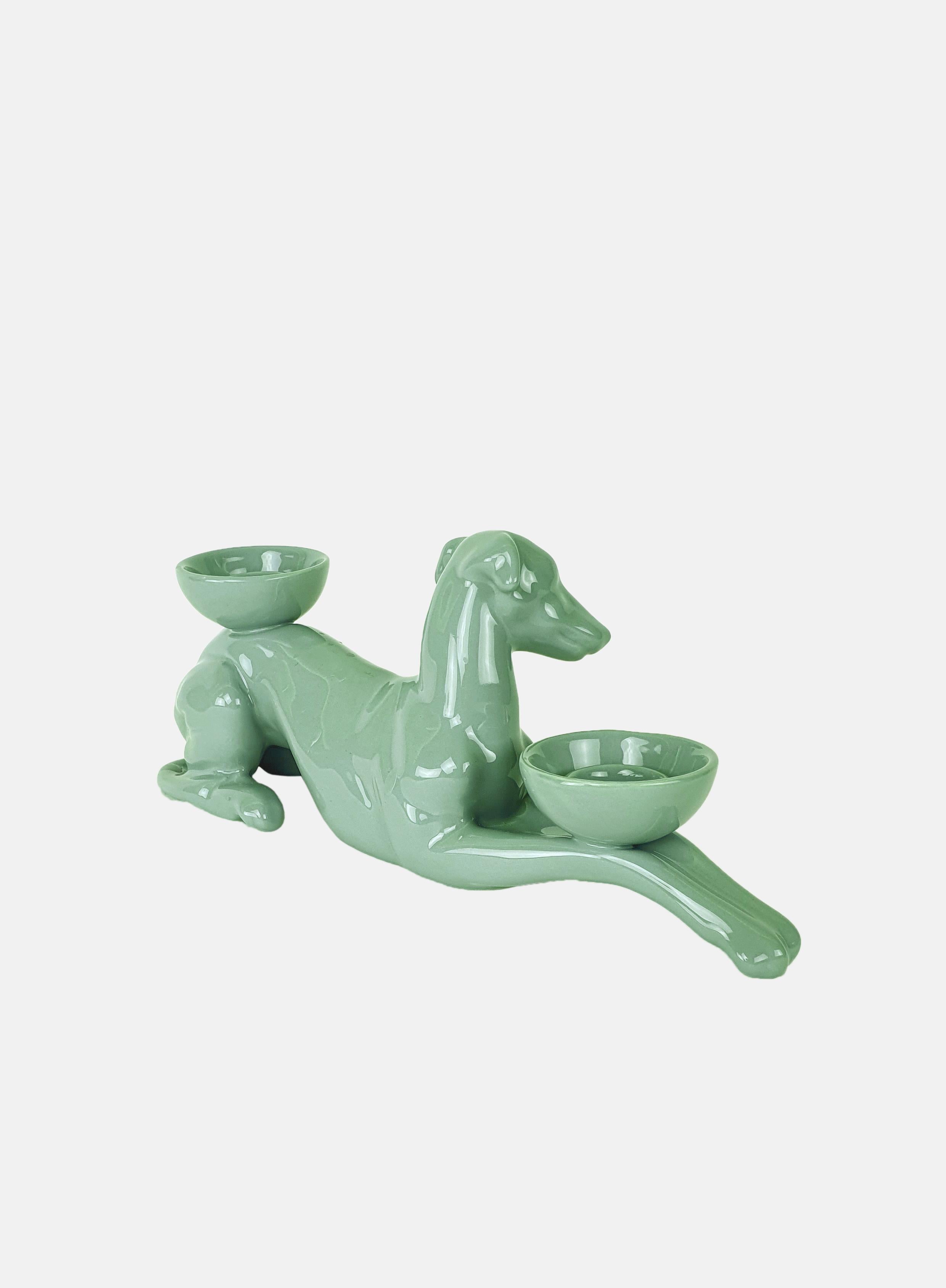 Modern Ceramica Gatti 1928 Ceramic Powder Blue Greyhound Candle Holder In New Condition For Sale In Faenza, IT
