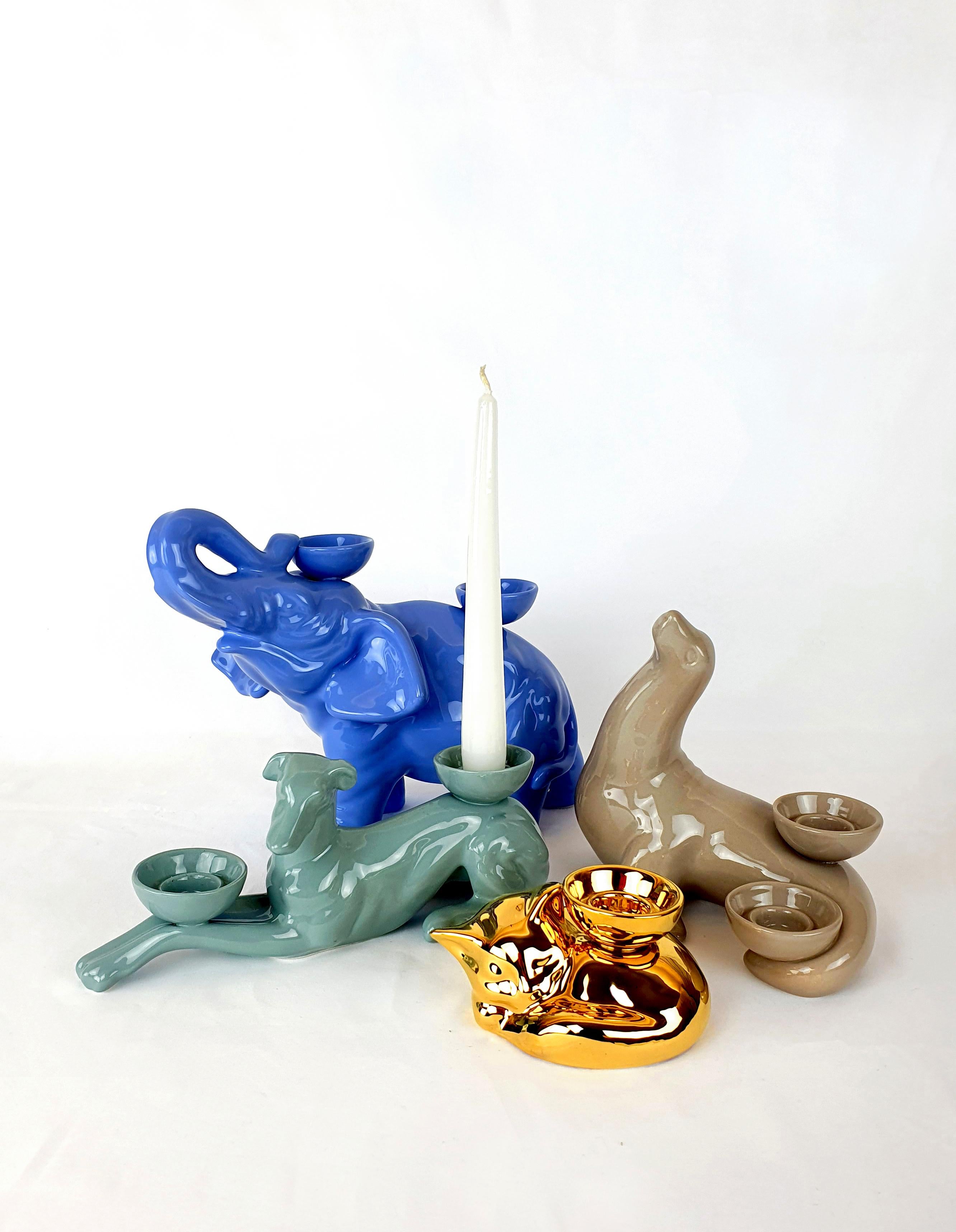 Modern Ceramica Gatti 1928 Ceramic Powder Blue Greyhound Candle Holder For Sale 2