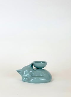 Modern Ceramica Gatti 1928 Ceramic Powder Blue Kitten Candle Holder