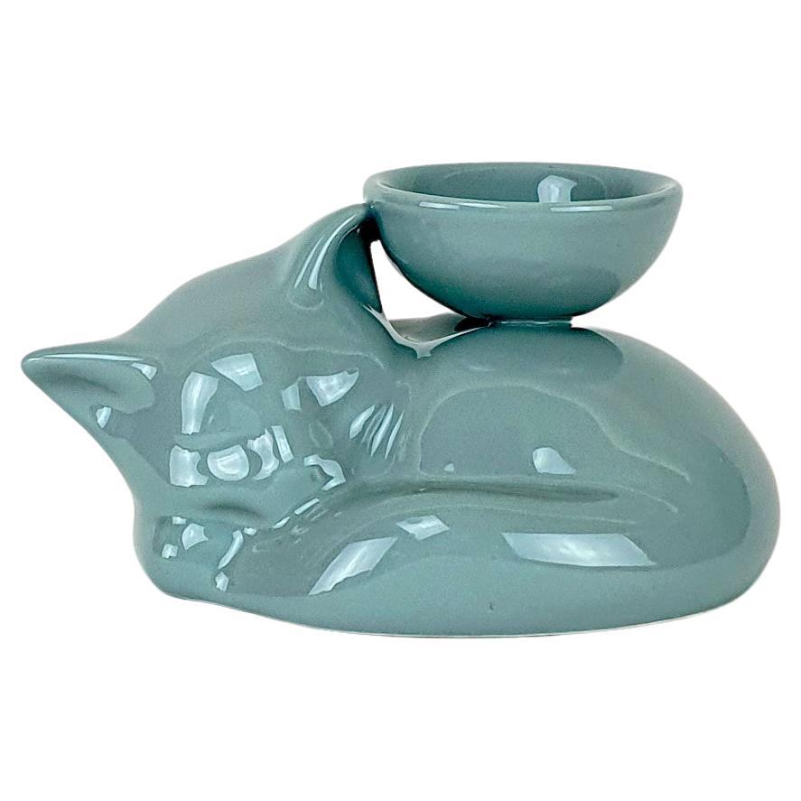 Modern Ceramica Gatti 1928 Ceramic Powder Blue Kitten Candle Holder For Sale
