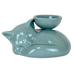 Bougeoir moderne Gatti en céramique bleu poudre avec chaton en céramique, 1928
