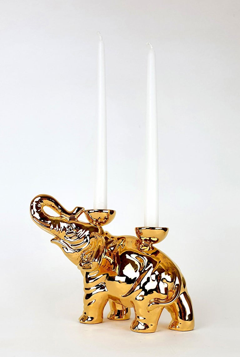 Modern Ceramica Gatti 1928 Ceramic Pure Gold Elephant Candle Holder For