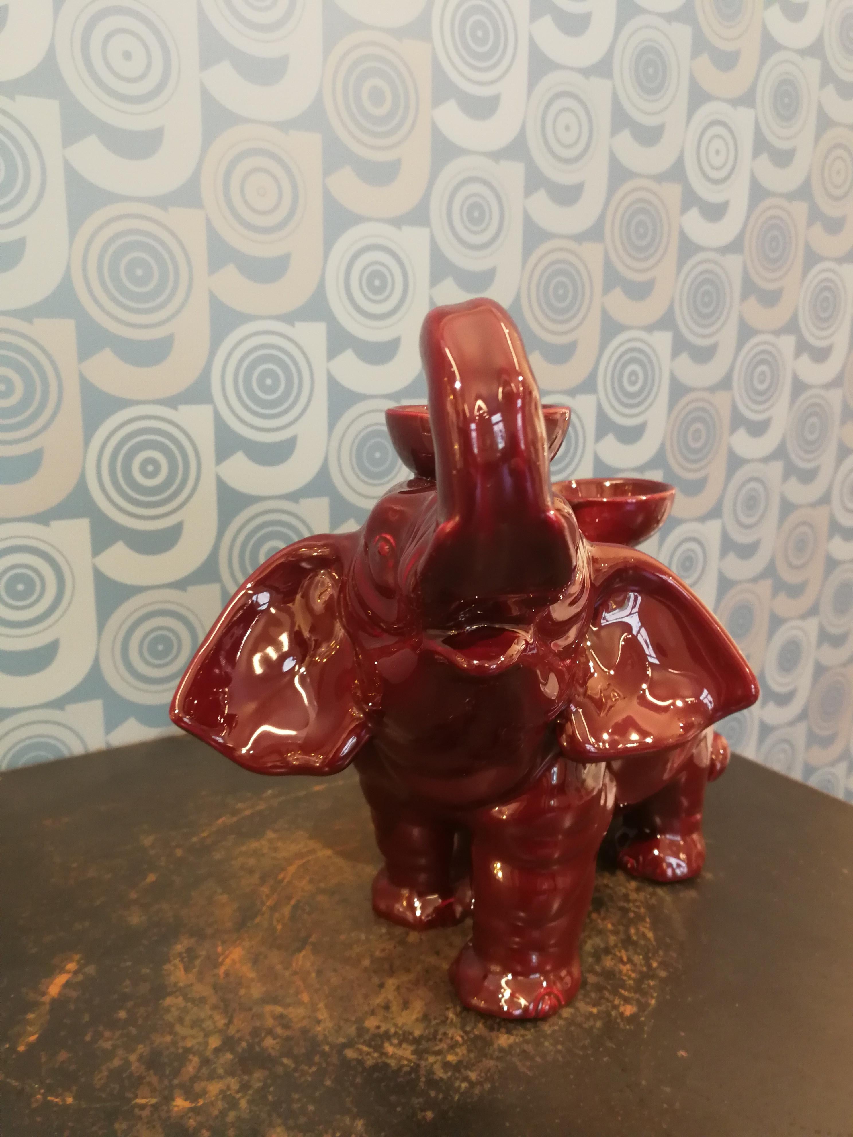 Arts and Crafts Modern Ceramica Gatti 1928 Ceramic Red Burgundy Elephant Candle Holder For Sale