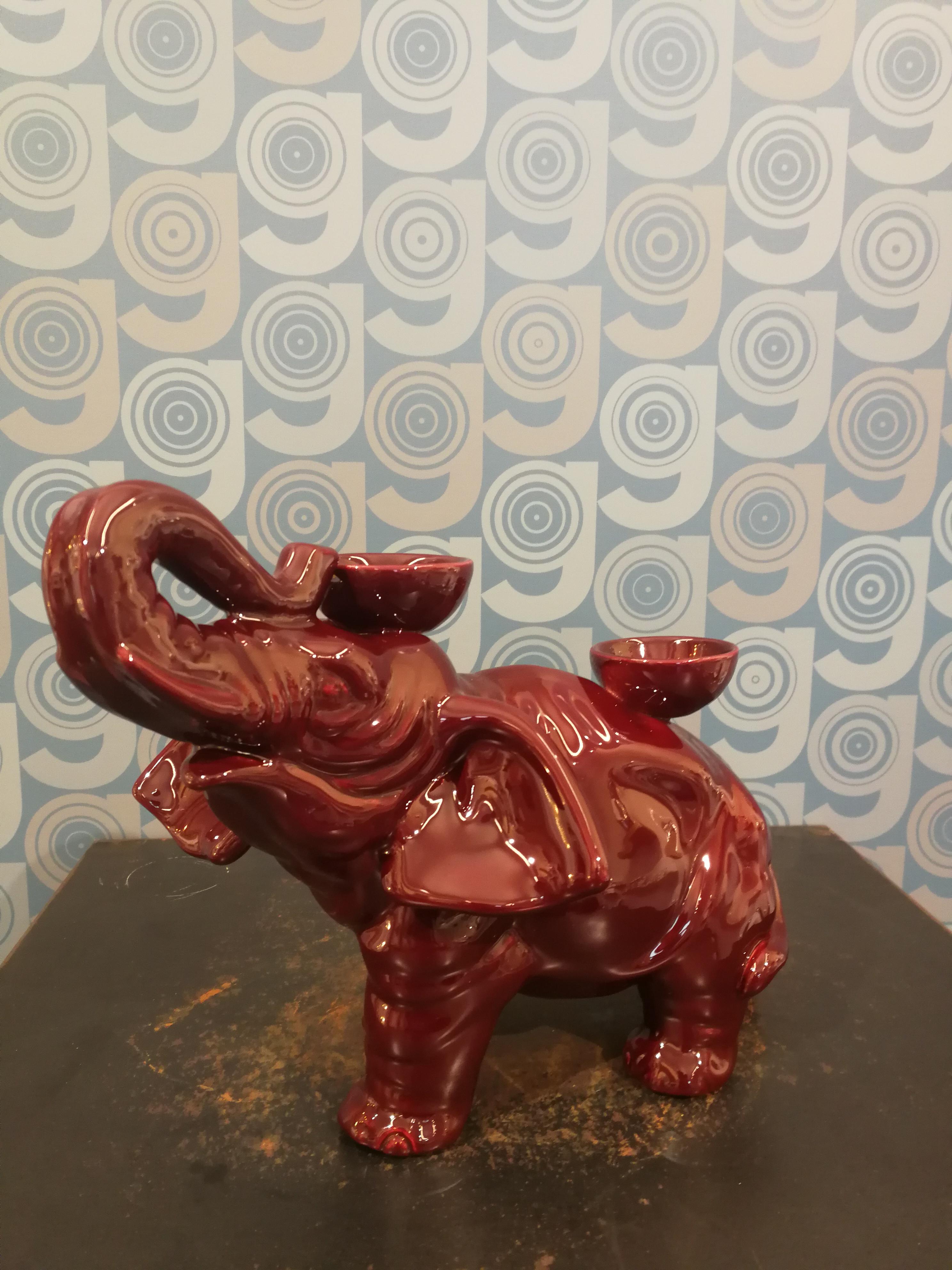 Italian Modern Ceramica Gatti 1928 Ceramic Red Burgundy Elephant Candle Holder For Sale