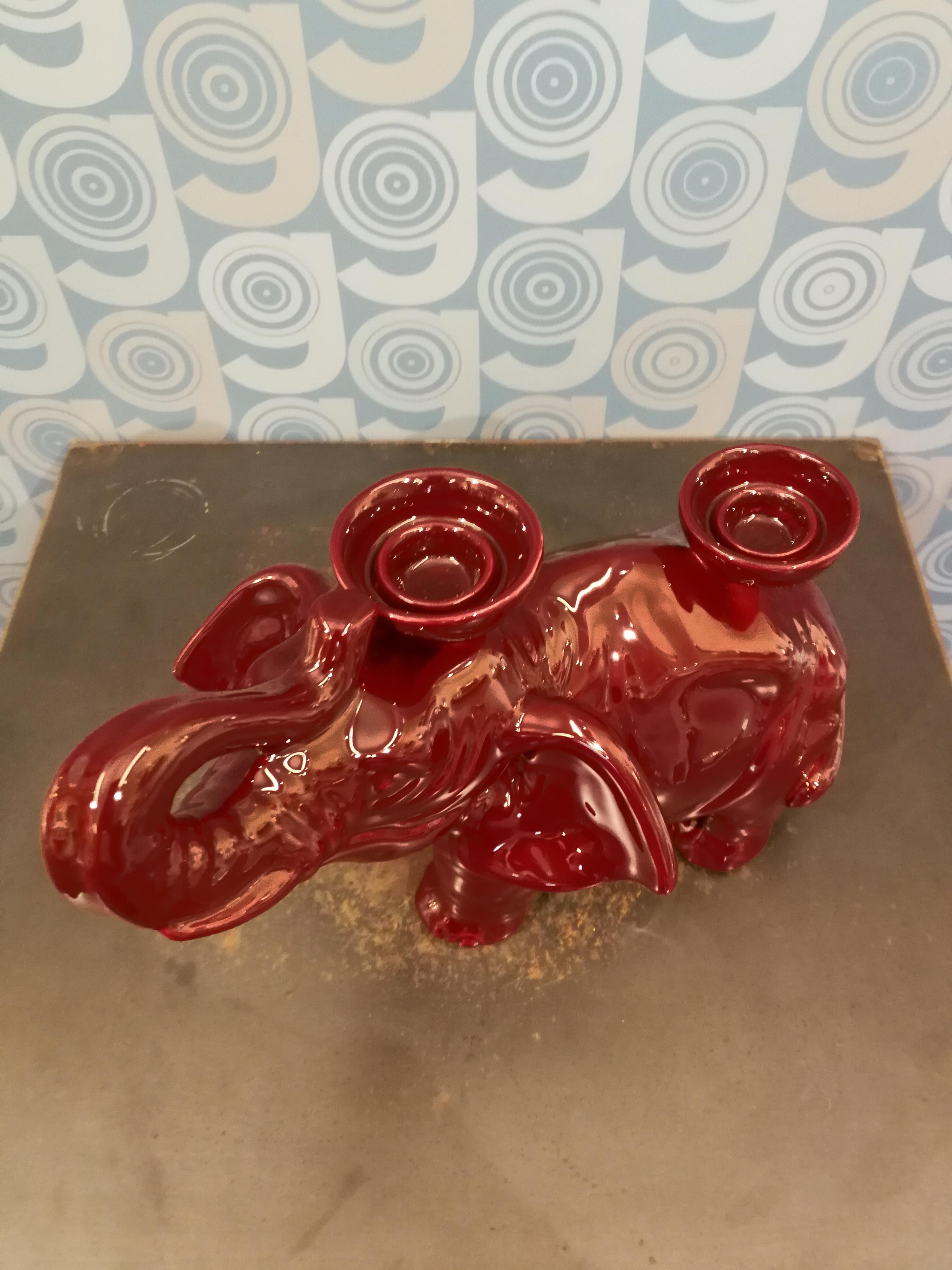Enameled Modern Ceramica Gatti 1928 Ceramic Red Burgundy Elephant Candle Holder For Sale