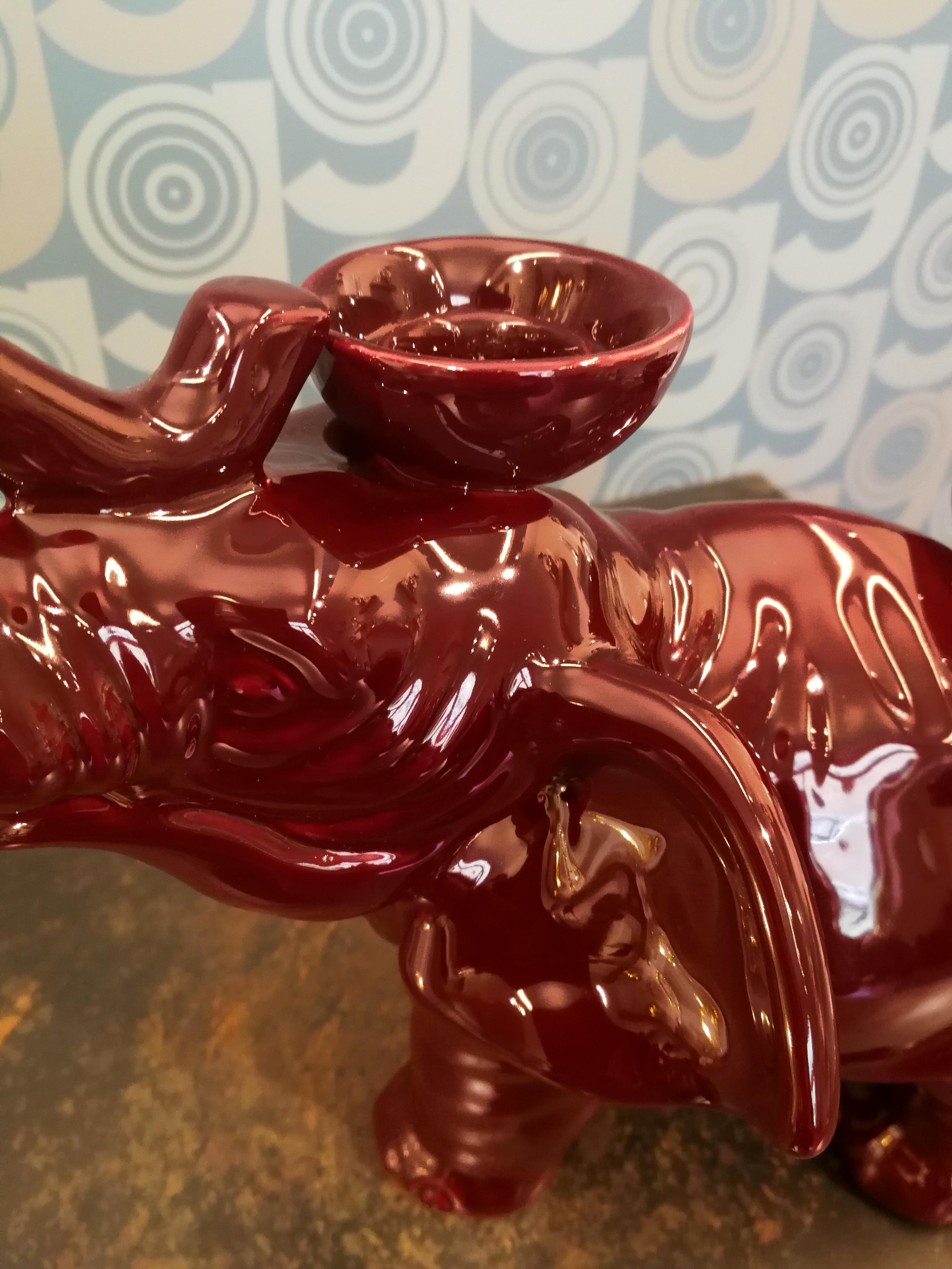 Contemporary Modern Ceramica Gatti 1928 Ceramic Red Burgundy Elephant Candle Holder For Sale