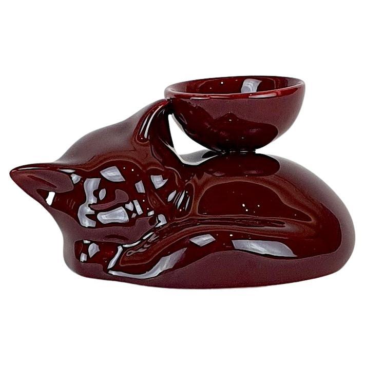 Modern Ceramica Gatti 1928 Ceramic Red Burgundy Kitten Candle Holder For Sale
