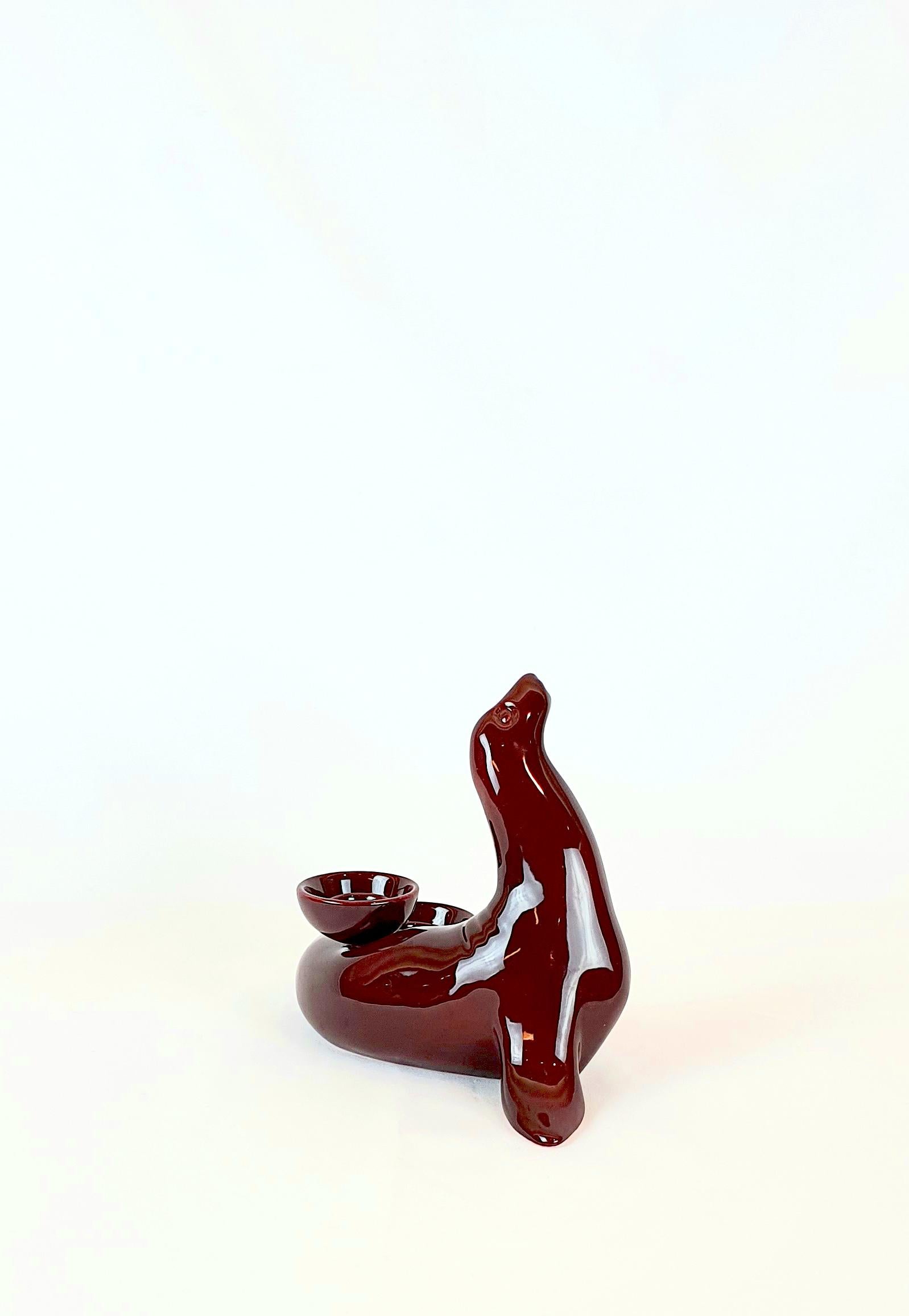 Italian Modern Ceramica Gatti 1928 Ceramic Red Burgundy Seal Candle Holder For Sale