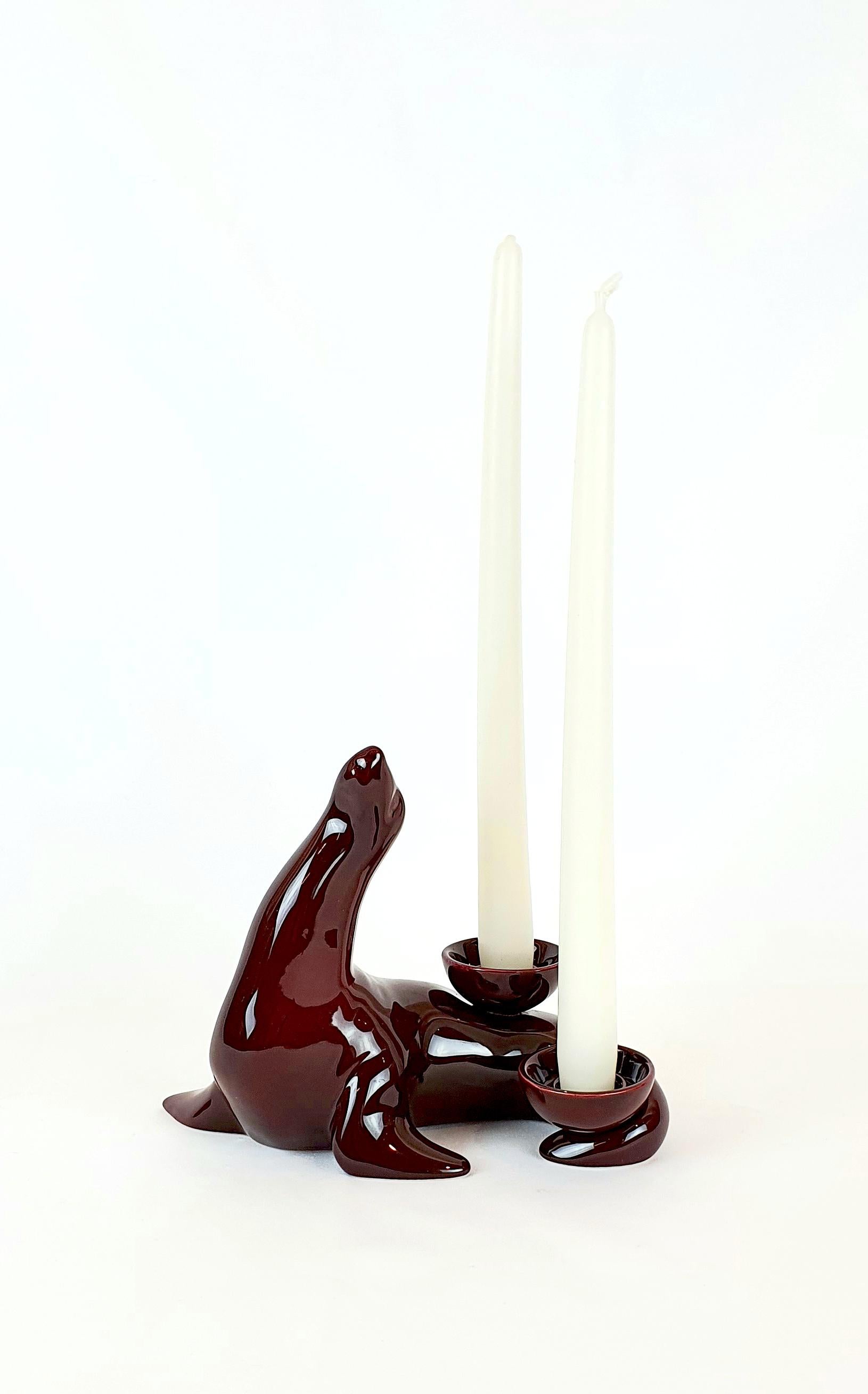 Enameled Modern Ceramica Gatti 1928 Ceramic Red Burgundy Seal Candle Holder For Sale