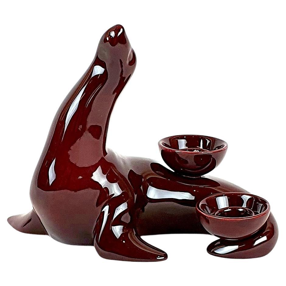 Modern Ceramica Gatti 1928 Ceramic Red Burgundy Seal Candle Holder For Sale