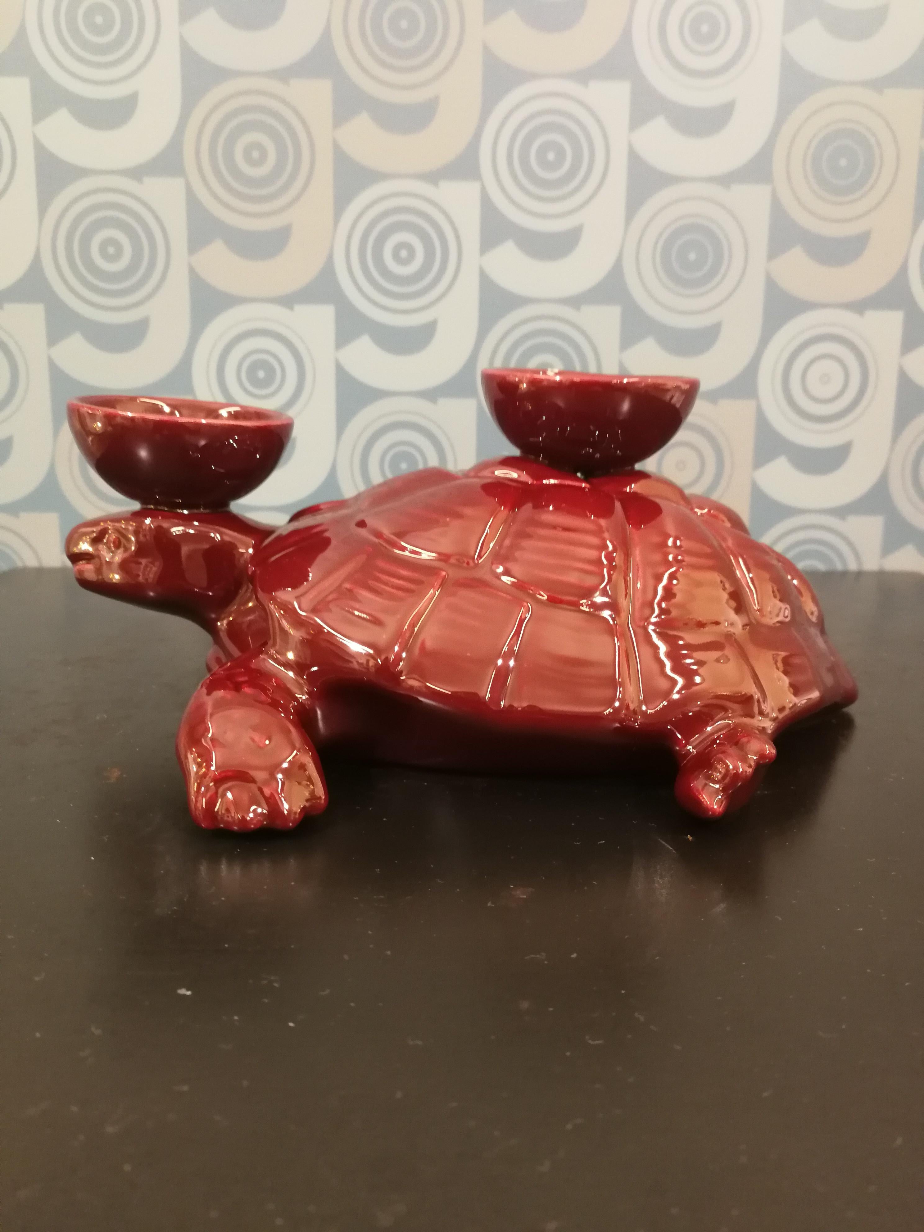 Arts and Crafts Modern Ceramica Gatti 1928 Ceramic Red Burgundy Turtle Candle Holder For Sale