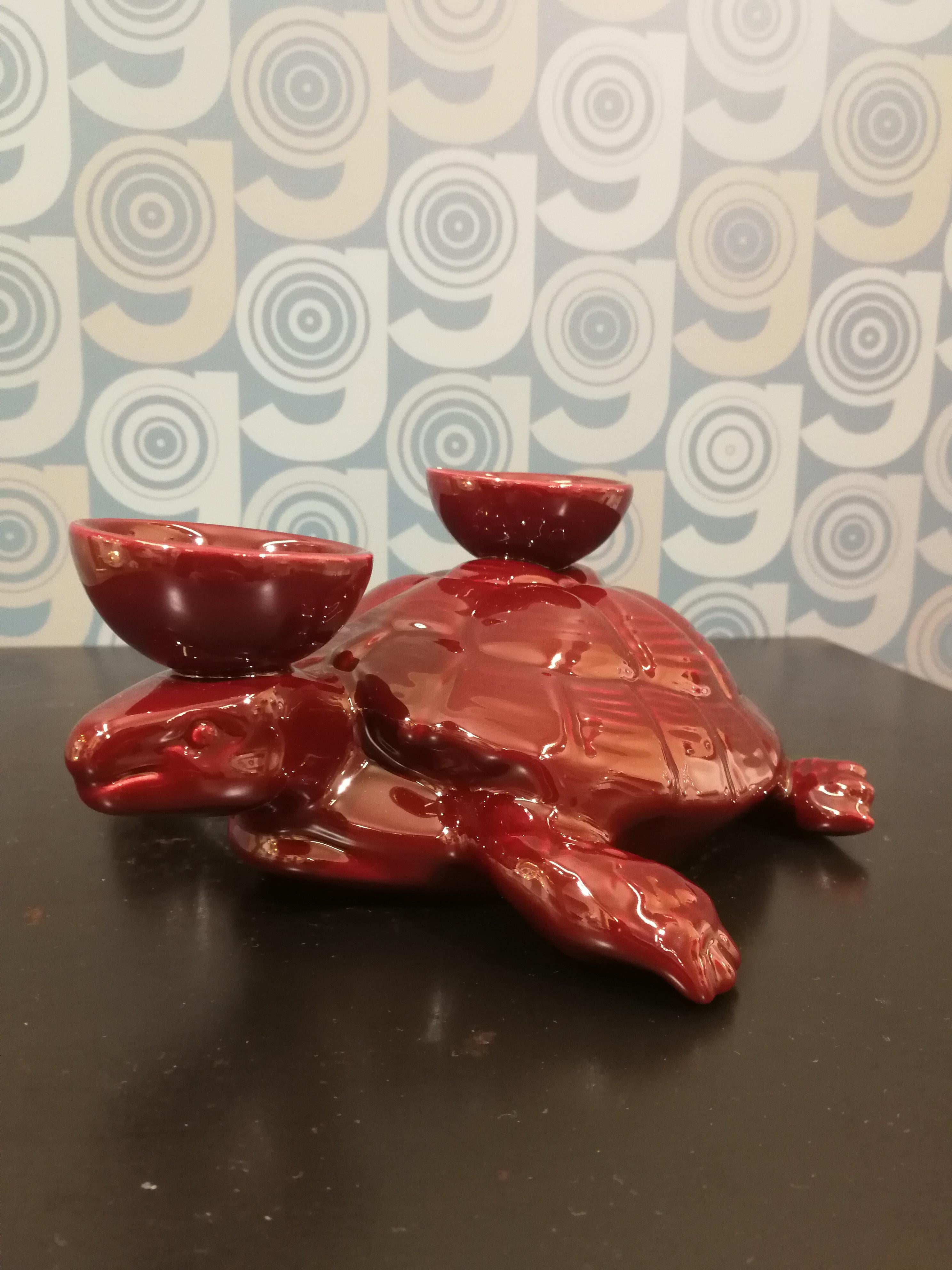 Italian Modern Ceramica Gatti 1928 Ceramic Red Burgundy Turtle Candle Holder For Sale