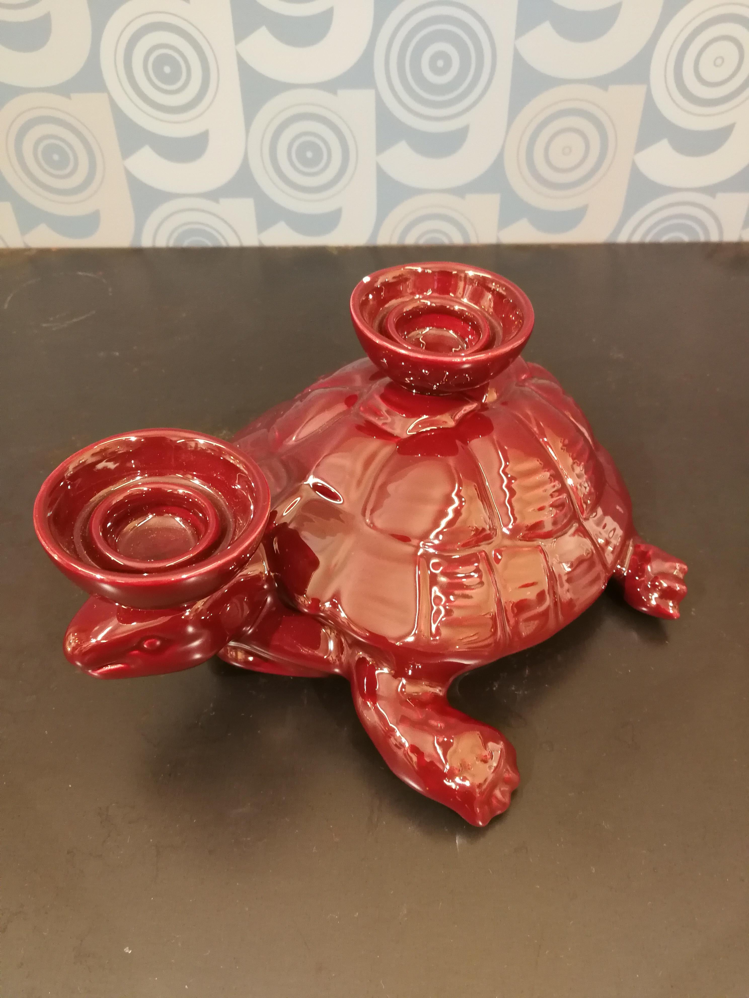 Enameled Modern Ceramica Gatti 1928 Ceramic Red Burgundy Turtle Candle Holder For Sale