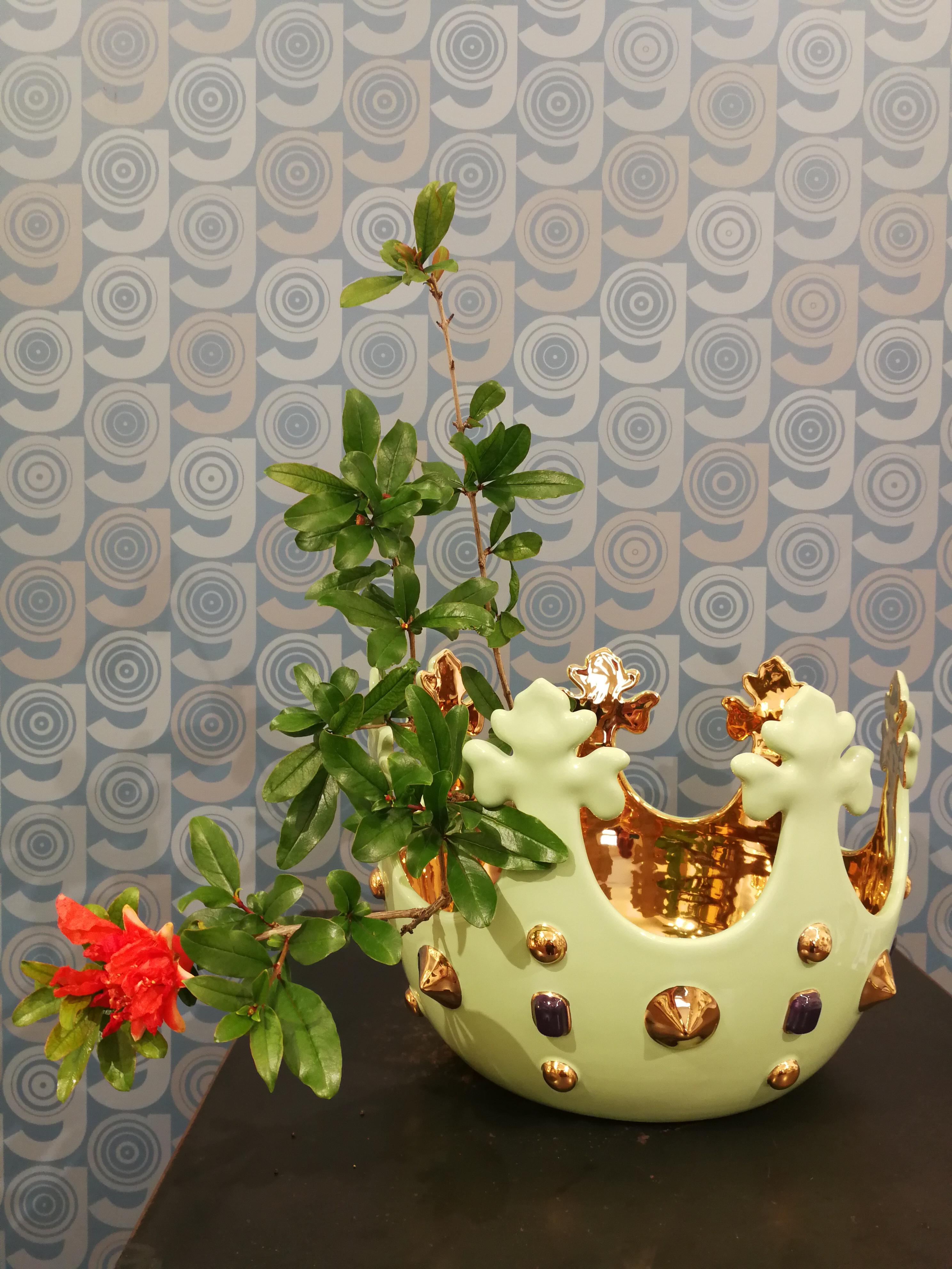 Modern Ceramica Gatti 1928 Crown Bowl Basket Handmade Ceramic Gold Colored Gems For Sale 7