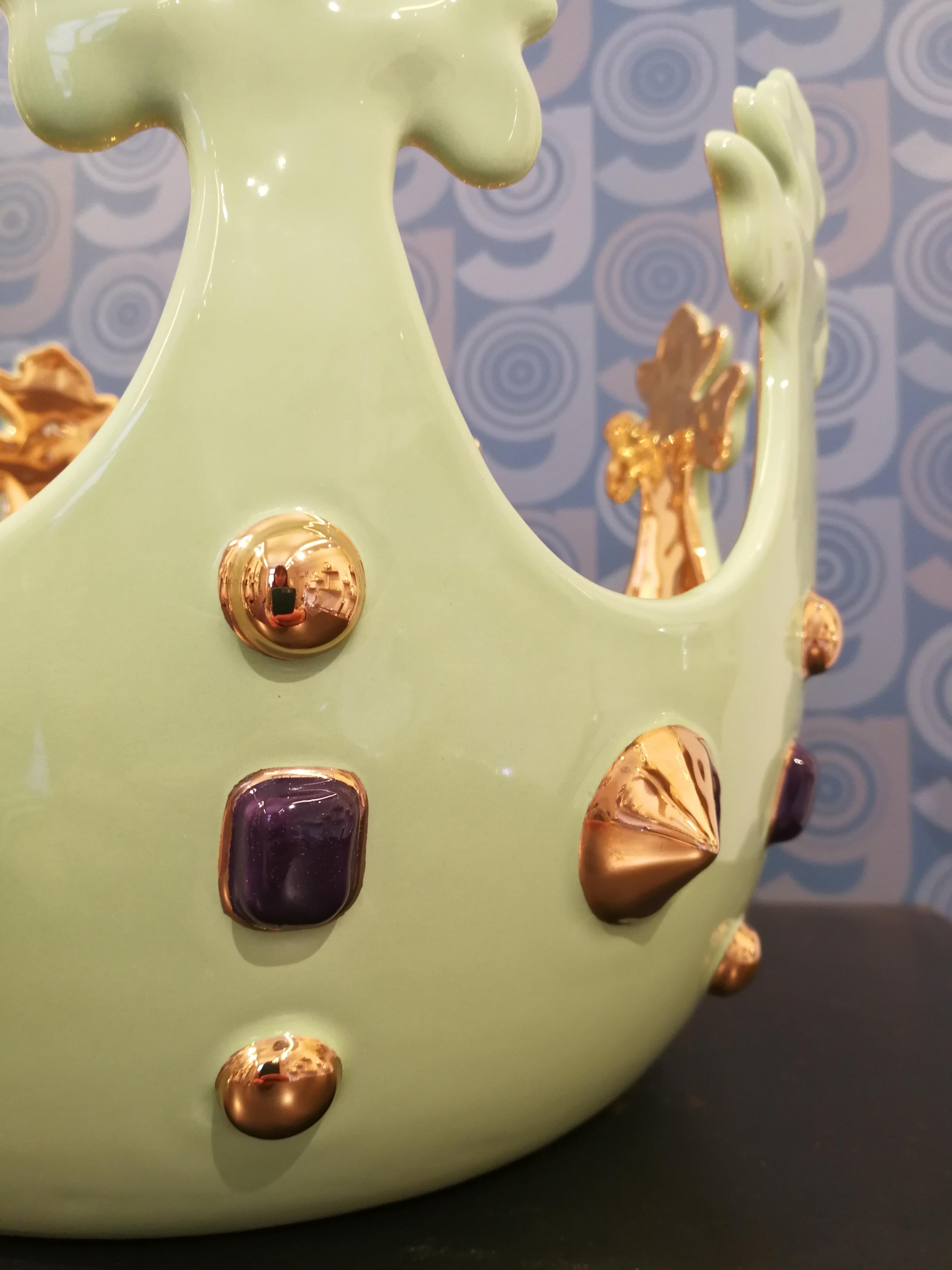 Italian Modern Ceramica Gatti 1928 Crown Bowl Basket Handmade Ceramic Gold Colored Gems For Sale