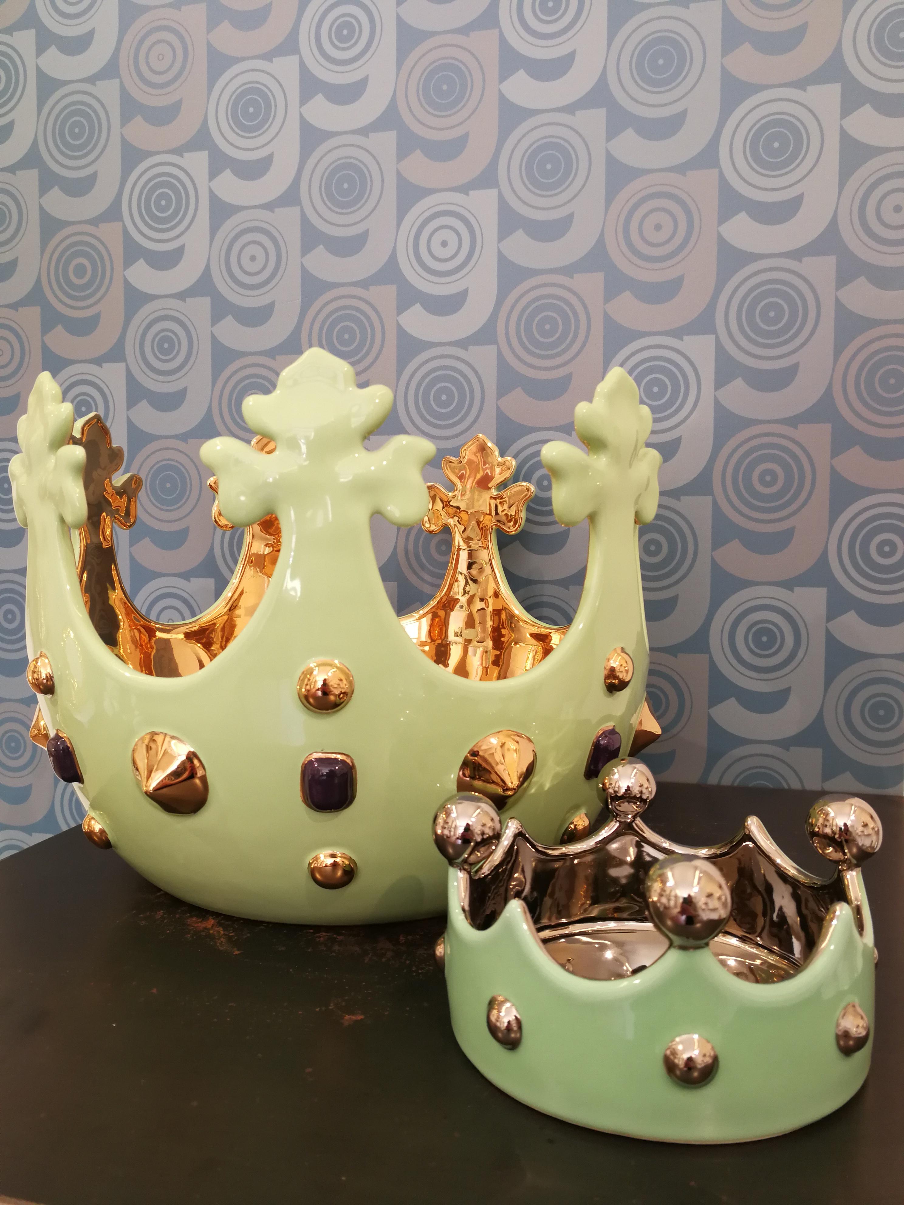 Modern Ceramica Gatti 1928 Crown Bowl Basket Handmade Ceramic Gold Colored Gems For Sale 3