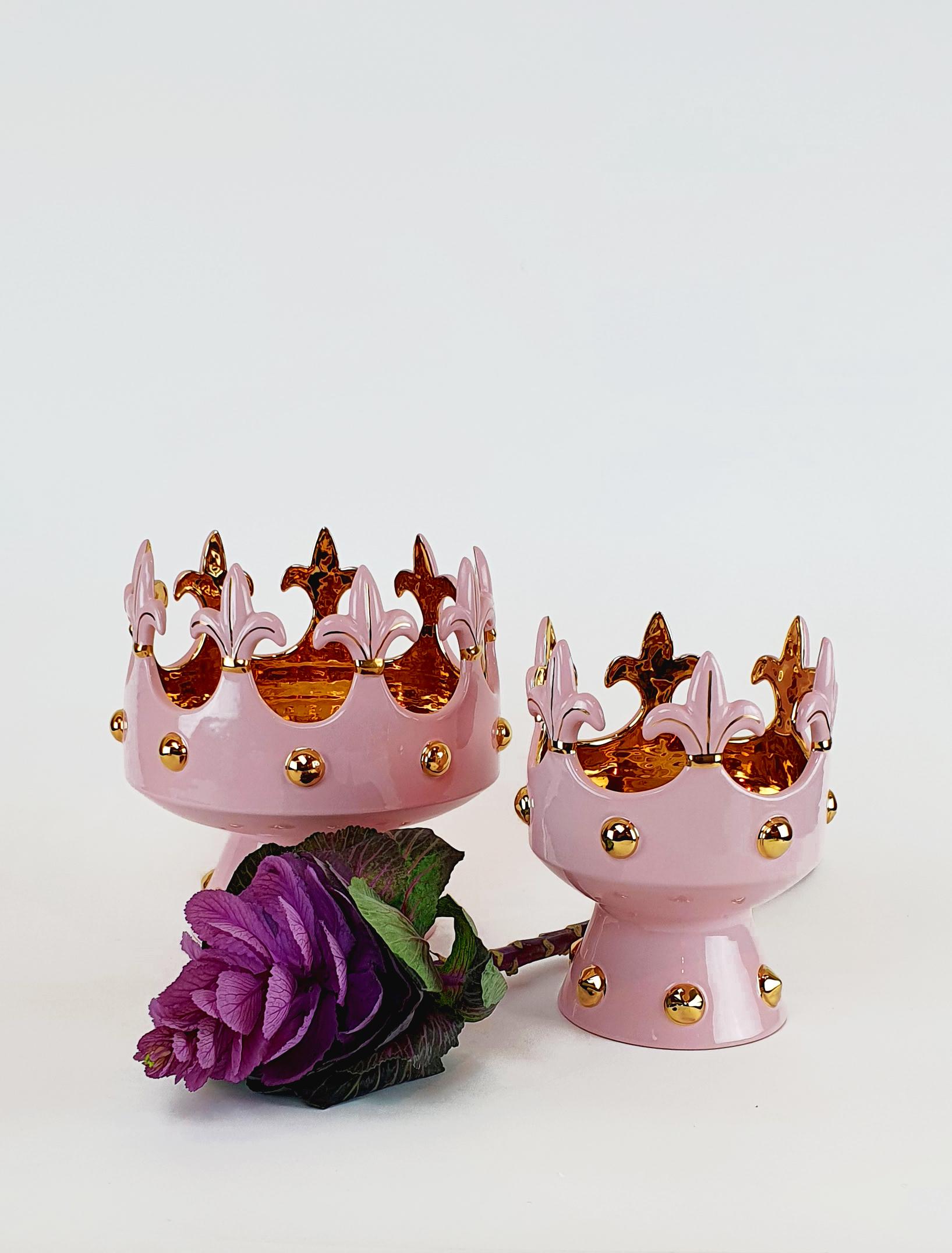 Modern Ceramica Gatti 1928 Crown Bowl Basket Handmade Ceramic Gold Pink Flowers For Sale 4