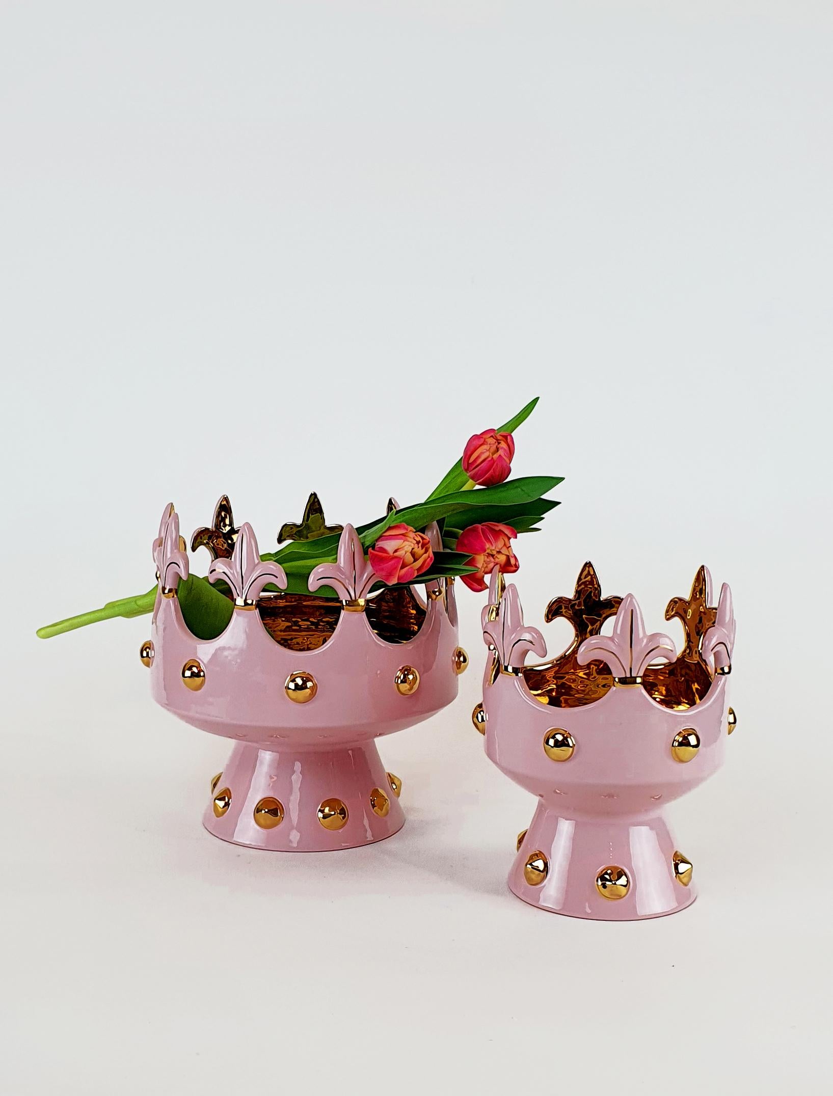 Modern Ceramica Gatti 1928 Crown Bowl Basket Handmade Ceramic Gold Pink Flowers For Sale 6