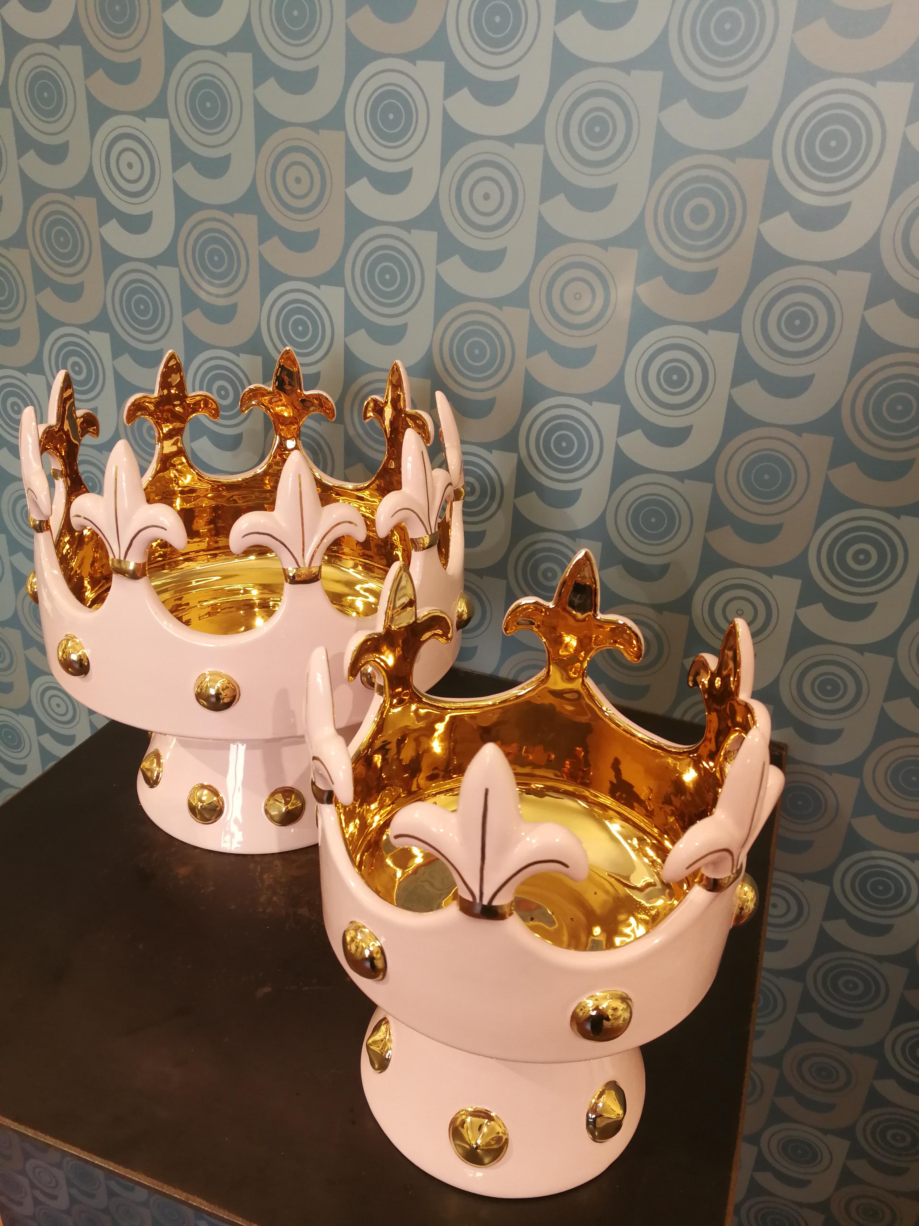 Moderna Ceramica Gatti 1928 Tazón Corona Cesta Hecho a Mano Cerámica Oro Rosa Flores en venta 5