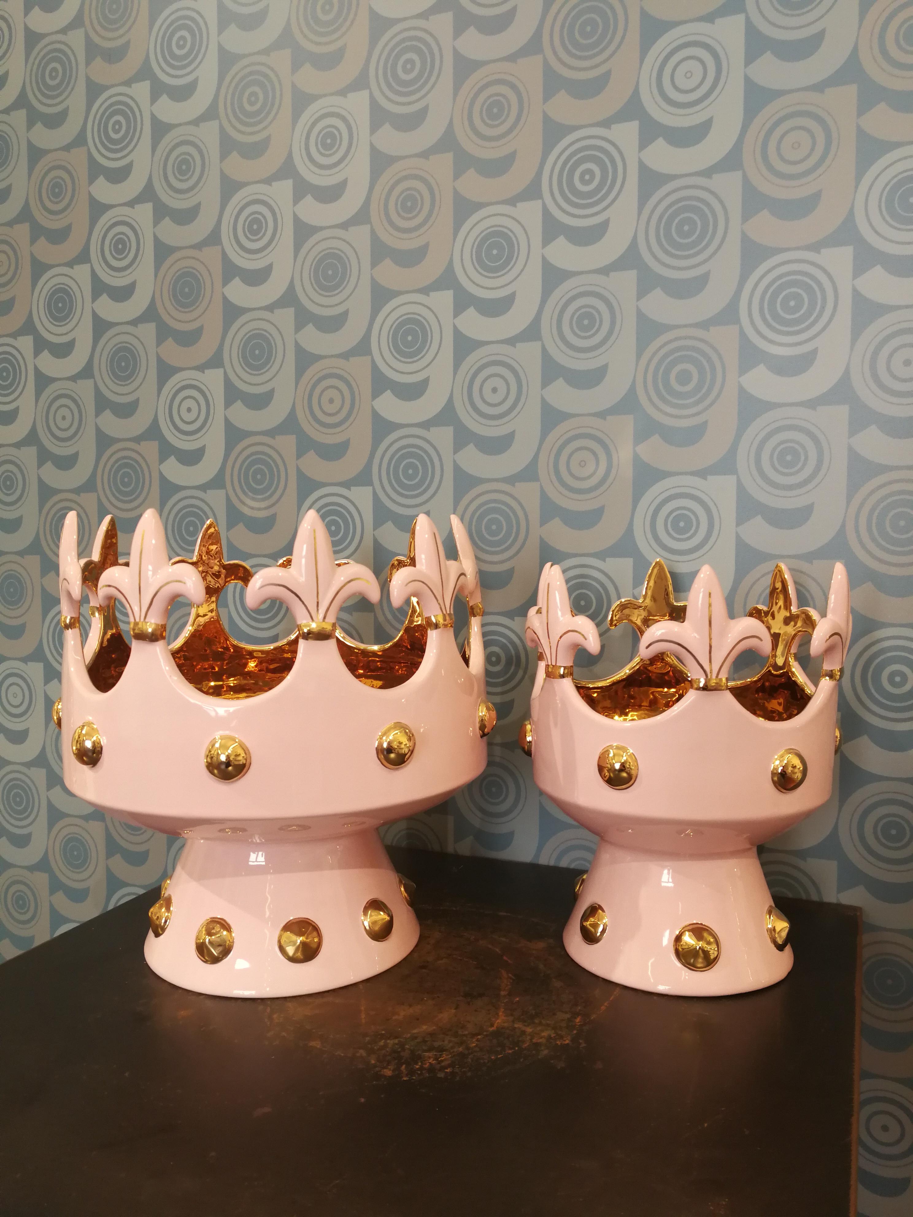 Moderna Ceramica Gatti 1928 Tazón Corona Cesta Hecho a Mano Cerámica Oro Rosa Flores en venta 6