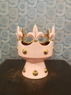 Modern Ceramica Gatti 1928 Crown Bowl Basket Handmade Ceramic Gold Pink Flowers