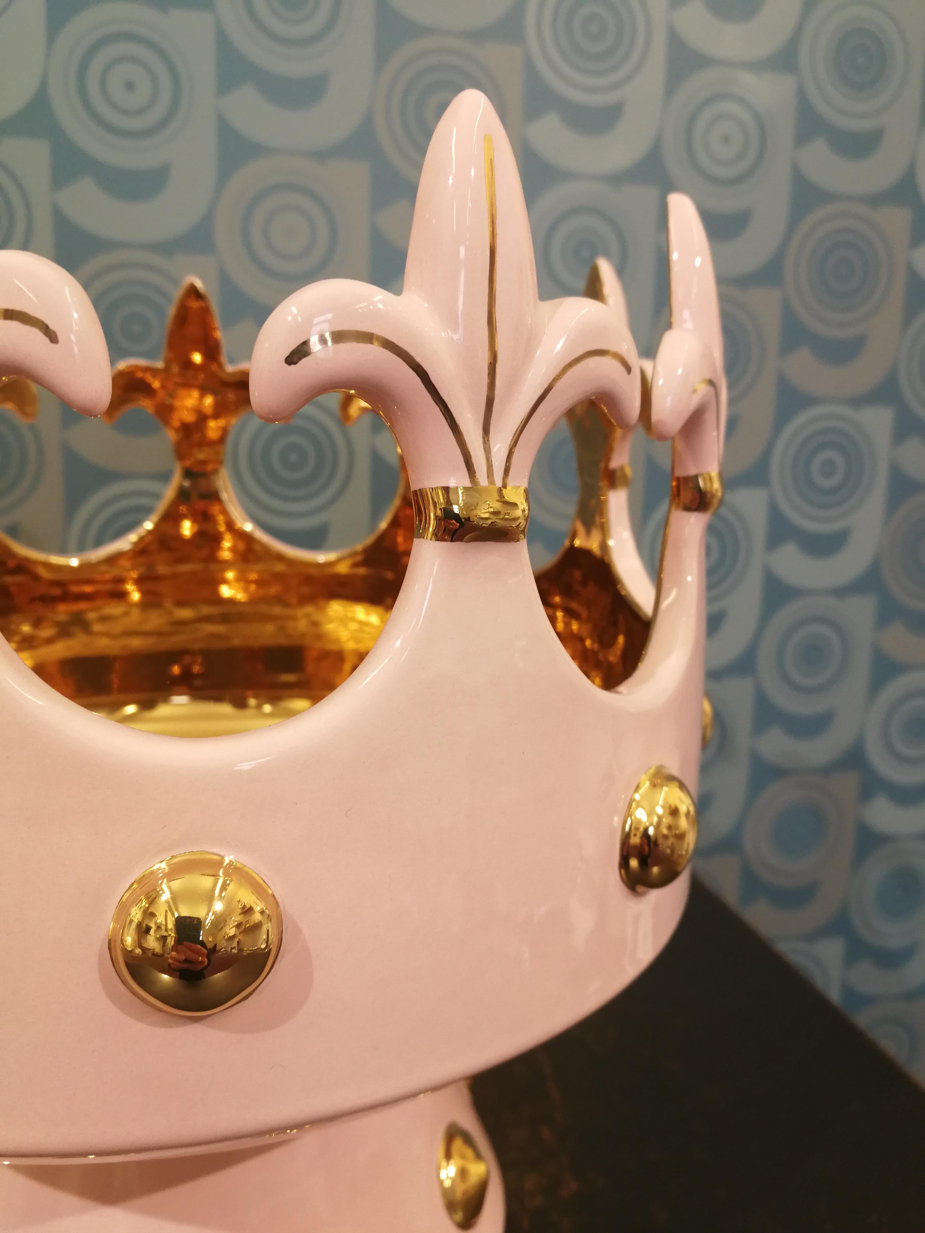 Moderna Ceramica Gatti 1928 Tazón Corona Cesta Hecho a Mano Cerámica Oro Rosa Flores Italiano en venta
