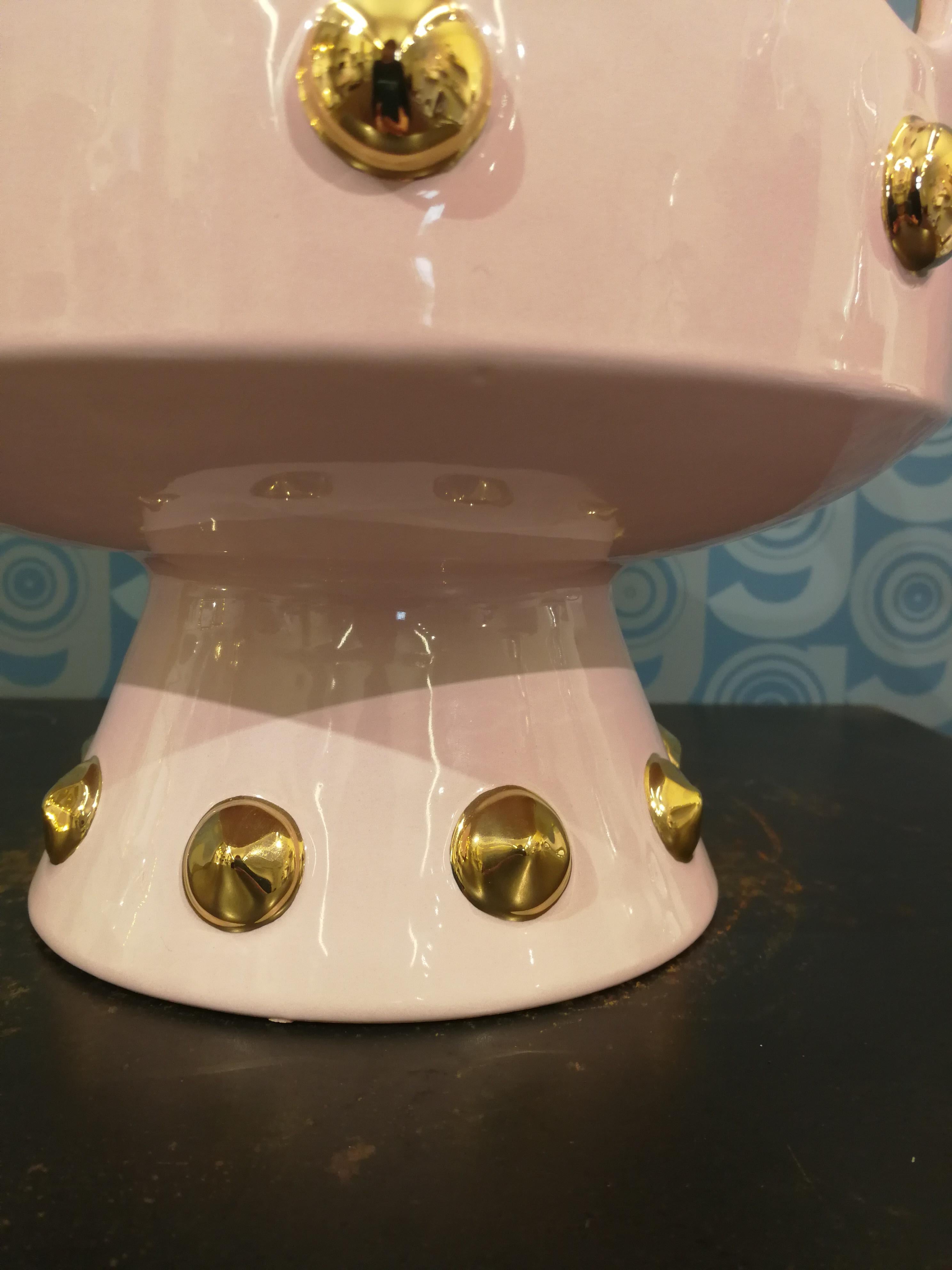 Moderna Ceramica Gatti 1928 Tazón Corona Cesta Hecho a Mano Cerámica Oro Rosa Flores Esmaltado en venta