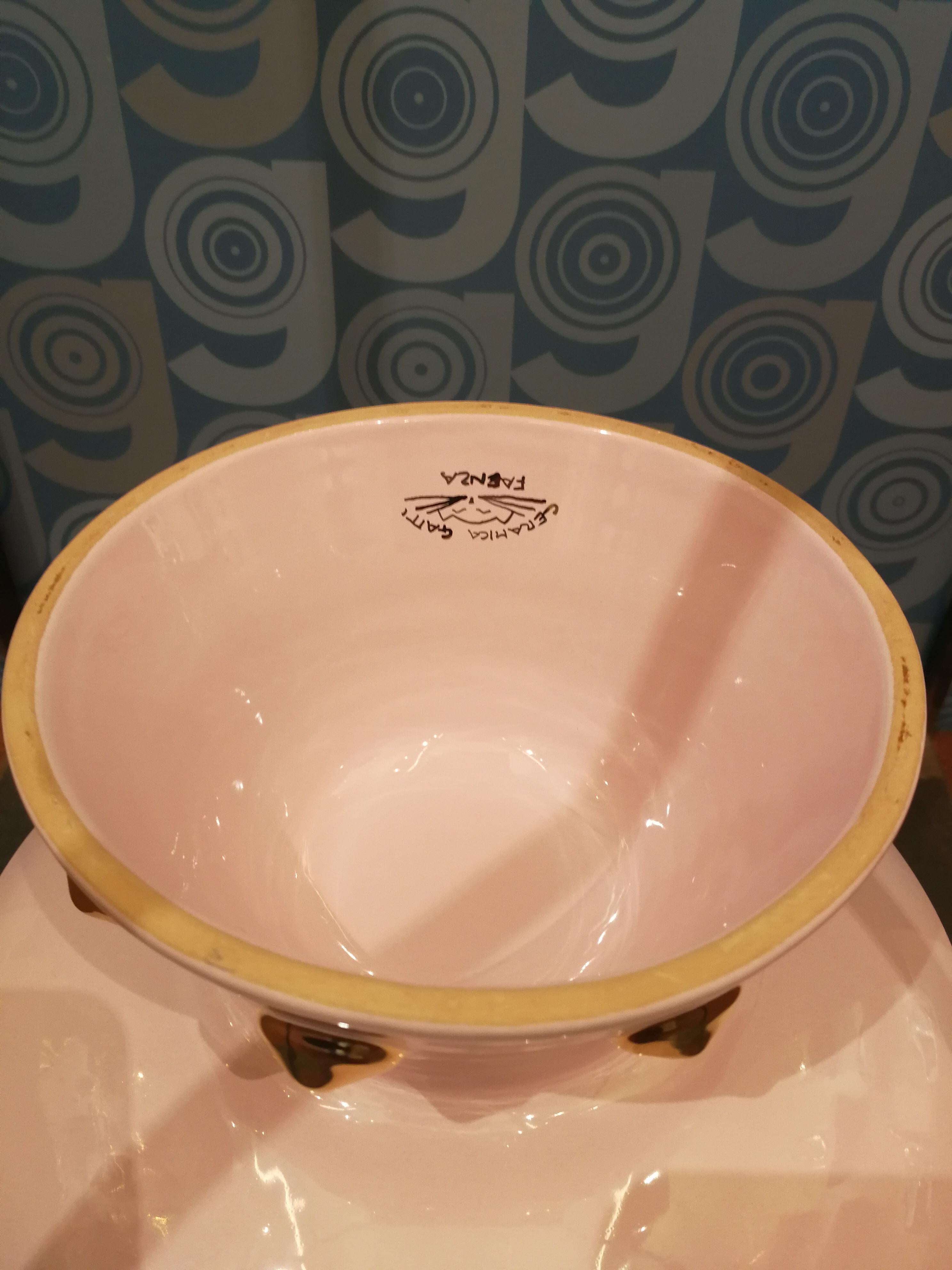 Modern Ceramica Gatti 1928 Crown Bowl Basket Handmade Ceramic Gold Pink Flowers For Sale 1