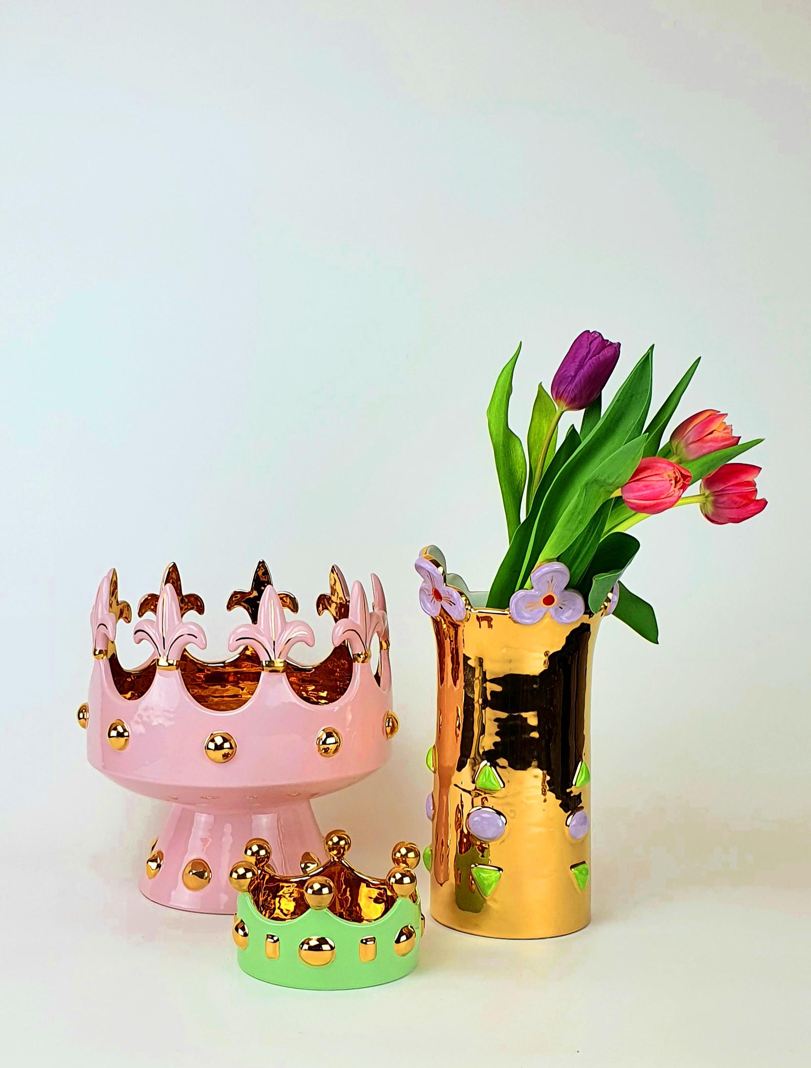 Modern Ceramica Gatti 1928 Crown Bowl Basket Handmade Ceramic Gold Pink Flowers For Sale 2