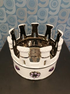 Modern Ceramica Gatti 1928 Crown Bowl Basket Handmade Ceramic White Platinum