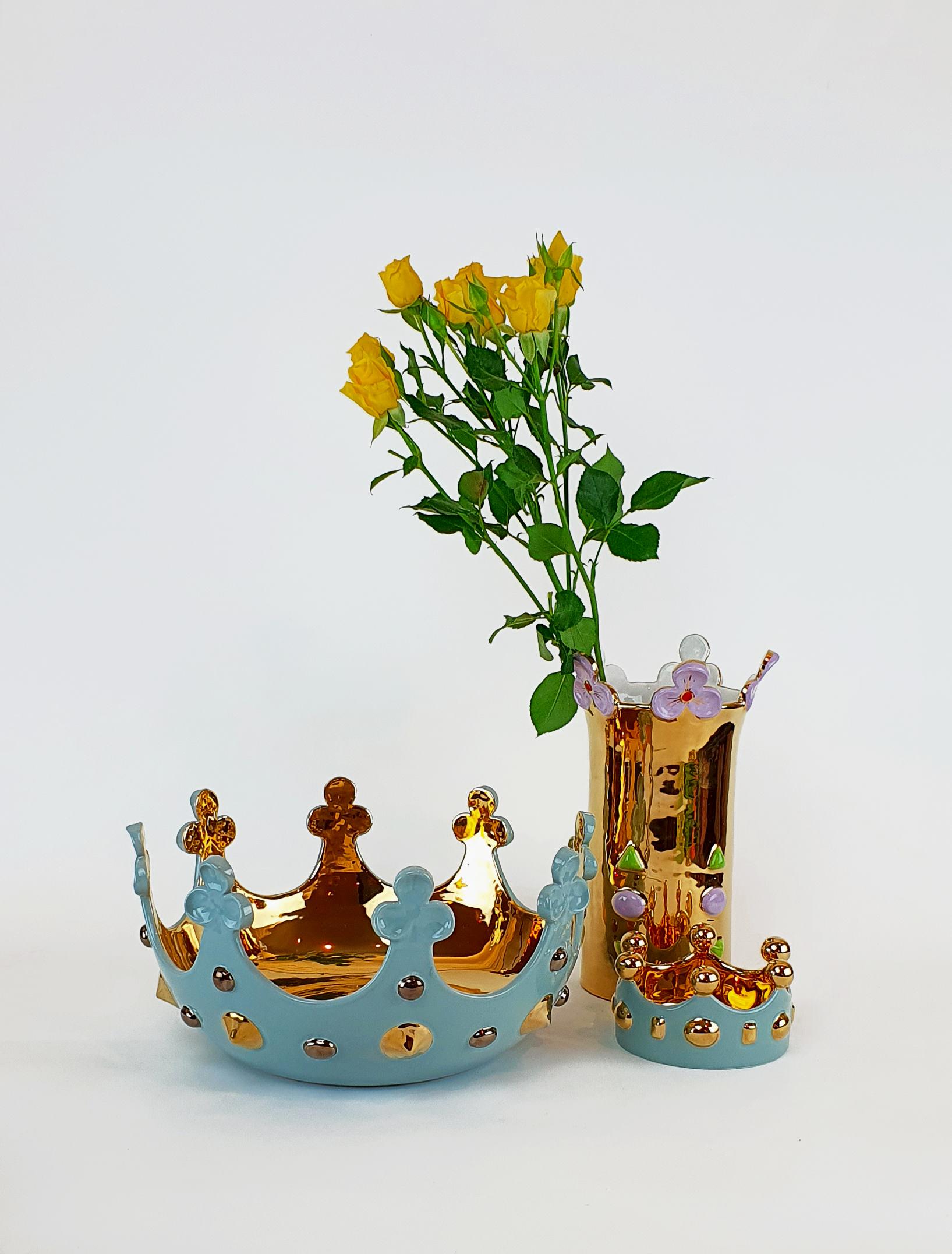 Modern Ceramica Gatti 1928 Crown Flower Vase Handmade Ceramic Gold Gems For Sale 8