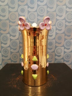 Modern Ceramica Gatti 1928 Crown Flower Vase Handmade Ceramic Gold Gems